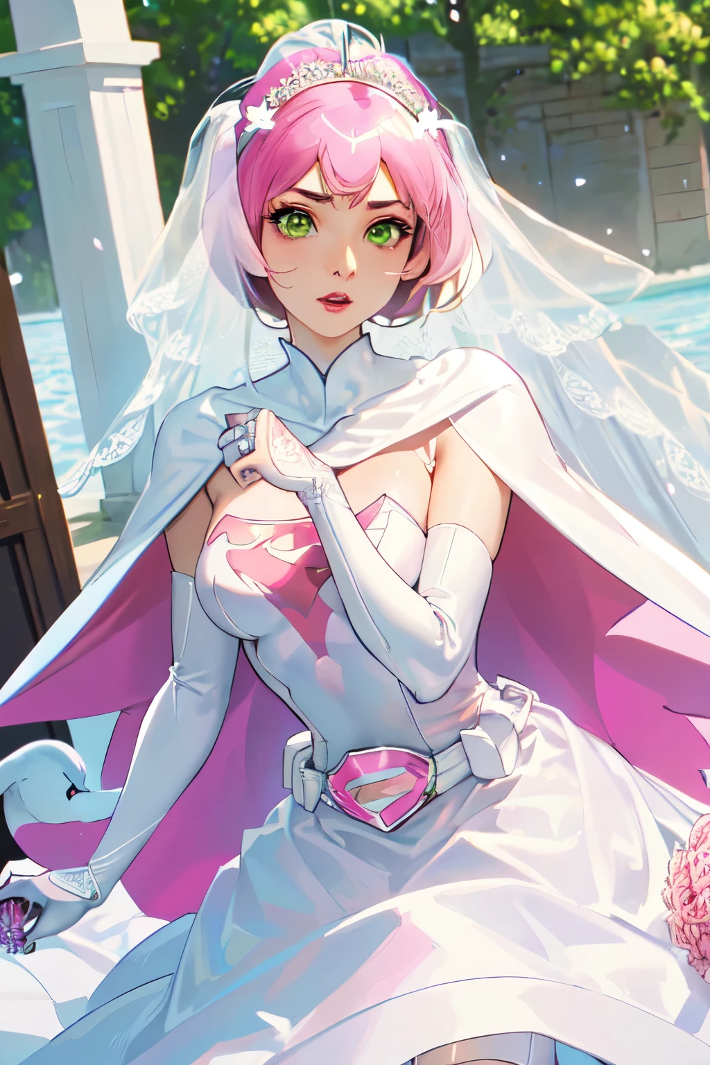 (((masterpiece)),((Highest quality)),((High resolution)), Outdoor, Daytime, Upper Body, Viewer, One person, concentrated, break, Year_Classic_jun_Gatc​​haman_My waifu, Jun the Swan, One personの女の子, ?????, lips, 中?????, 大?????, Green Eyes, lipstick, compensate, eyelash, eye shadow, visor, Helmet, Cape, Elbow pocket, Knee socks, belt, White gloves, Absolute area, mask, skirt, White legwear, Superhero, leotard, (((Pink Wedding Dress:1.4))), 白いCape, ピンクのleotard, , Short Wedding Dresses,
