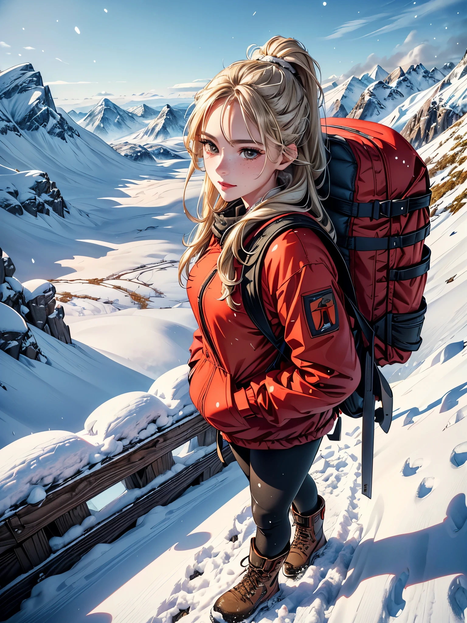 Naturescape Photography; mountaineering; Full body view; (1woman:0.5, only), (slim body), (norrøna Trollveggen soaked red shell jacket, hiking tights, wet wear, Boots, (((very large backpack))), (climbing axe), (Pallets ), ((walking on the ridge of a mountain)), (( snowdrift )), wind cups, Difficult track, Rocks, (Long blonde hair), Ponytail, (Ultra delicate face, Ultra beautiful face, ultra delicate eyes , ultra-detailed nose, ultra-detailed mouth, ultra-detailed facial features, natural skin, freckles, brown eyes), (Smiley: 0.8), (natural skin: 1), (heavy winter snowfall, mountain views, with steep ranges Norwegian mountains in the distance), (highest quality, hyper realistic: 1.3, Super dense, Highly detailed illustration, Best image quality, Highly detailed illustration) natural skin, Skin texture detail, Full body pose, ( ((direct shot from the front))) blizzard