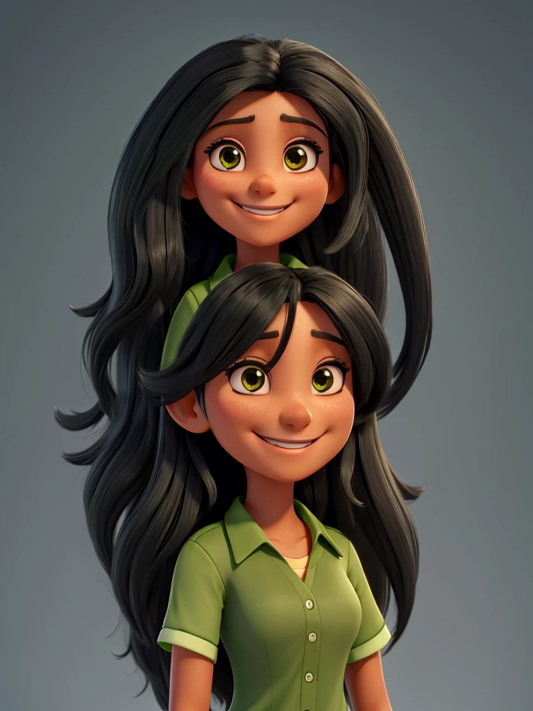 a smiling woman with long black hair, black eyes, skin tanned, dressed in a green shirt.