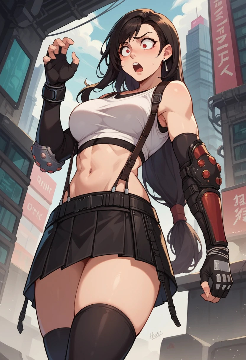 score_9, score_8_up, score_7_up, 1boy, solo, (male:1.5), male focus, 7rtifa, red eyes, black hair, medium hair, earrings, crop top, suspenders, pleated miniskirt, black thighhighs, arm guards, elbow gloves, fingerless gloves, stiff hands, shocked face, standing, looking down, dark futuristic city,