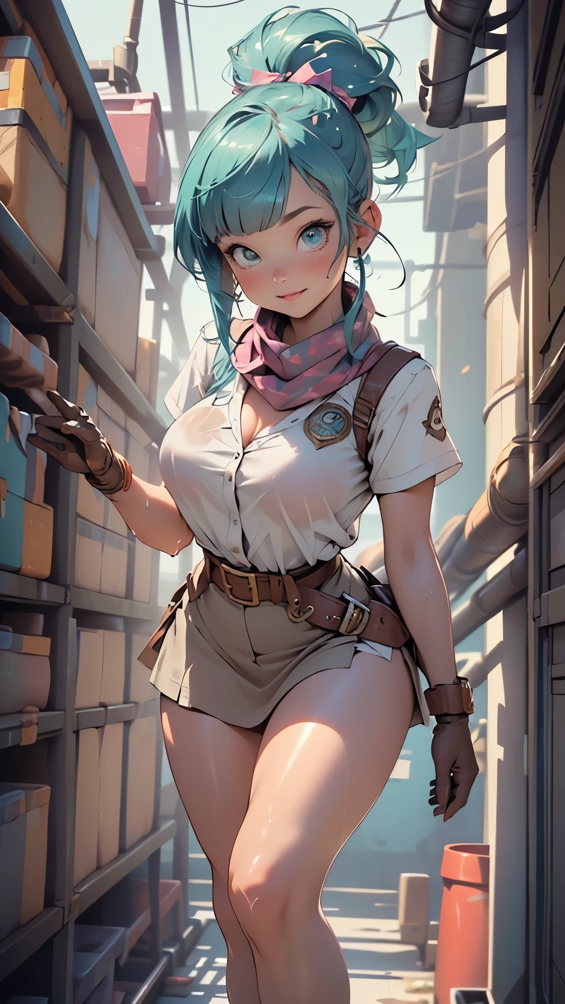Dirty female elf mechanic, 1girll, (Solo:1.5), Full body shot,, Wear only one overalls,, Blue eyes ,Slim figure，Large breasts, Glasses, Hair combed into a messy bun，Golden hair，slimfigure，rimless eyewears，Covered in oil，Dimly lit room。A pink-haired