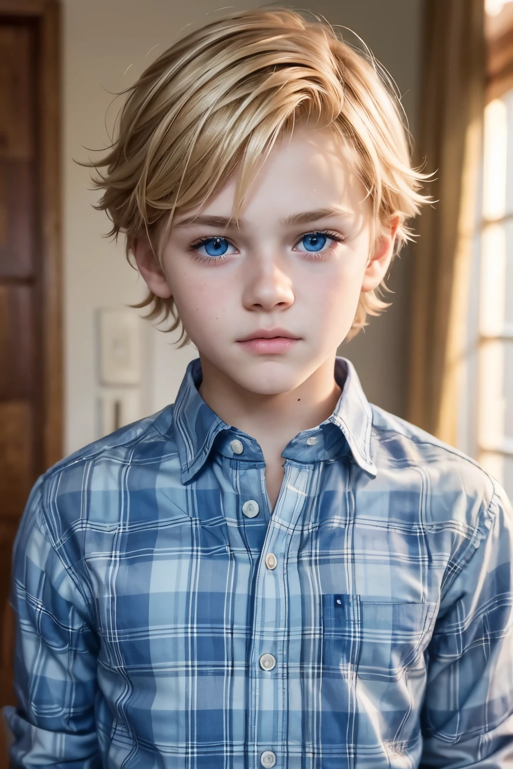 12 year old boy. hd, 4k. male version, blond hair, blue eyes, handsome boy, curtain bangs. beautiful and cheerful. plaid shirt. no beard. hair with bangs. canada.