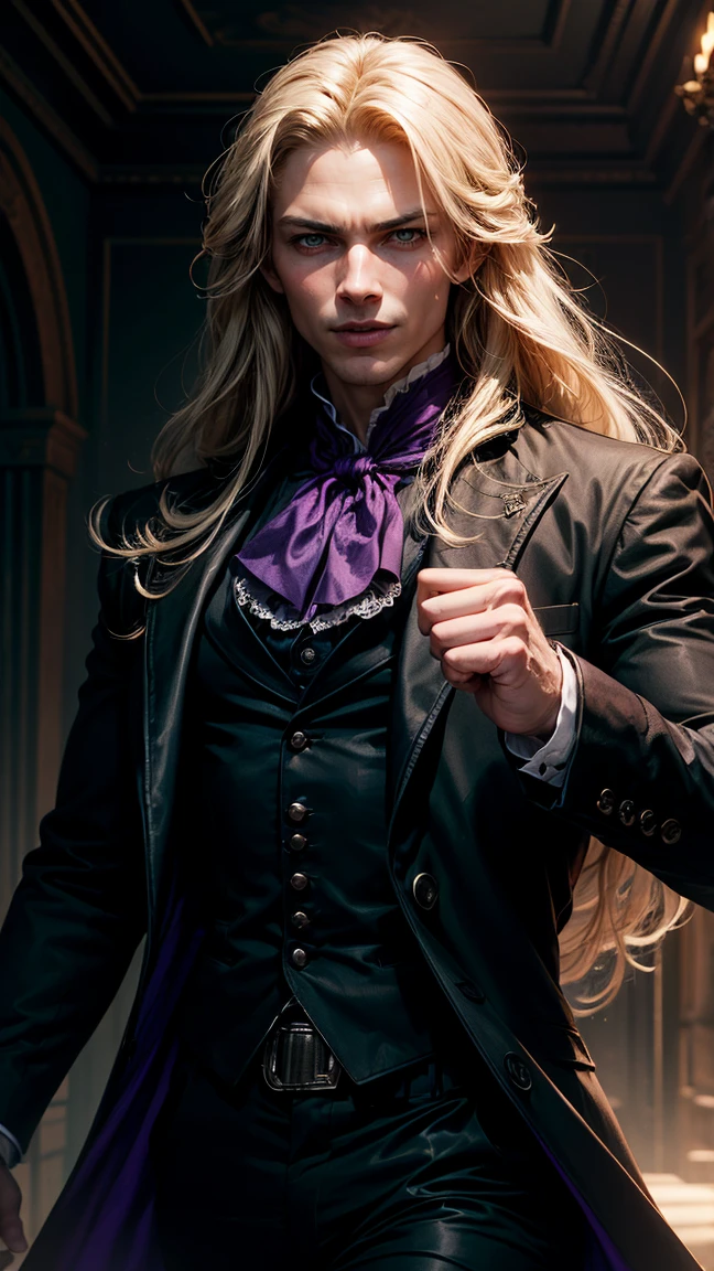 1 man, (solo), beautiful, androgynous, perfect face, evil smile, insane, crazy, Black coat, black suit, one young male, beautiful long hair, blond hair, blue eyes, purple victorian shirt, purple jabot, beautiful face, highest quality, cowboy shot, blood, fighting pose, action
