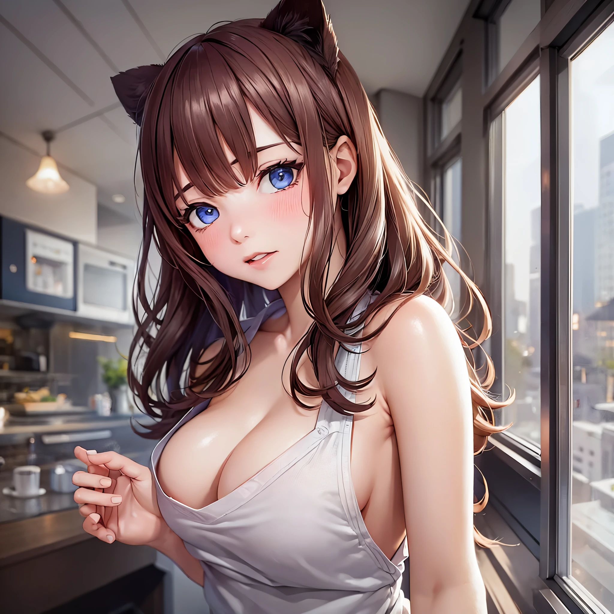 1girl, solo, nakano miku, brown hair, (naked:1.3), (white apron), large breasts, cleavage, thighs, cafe background, (blushing:1.3)