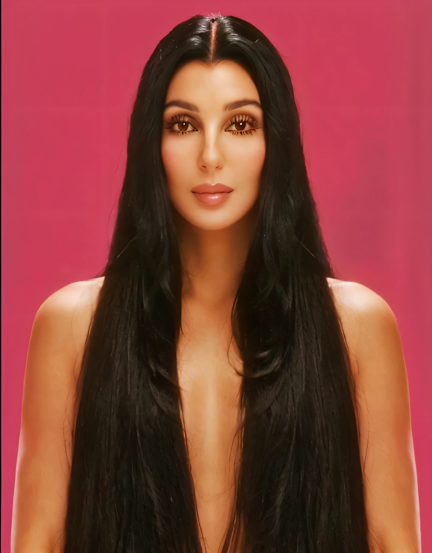 a close up of Cher (ch3r) with long black hair and a pink background, long black hair, very long black hair, Her hair is long and straight, with long black hair, centered long hair, long thin black hair, with long dark hair, very long and flowing dark hair, long shiny black hair, her black hair is long and curly, long black hair