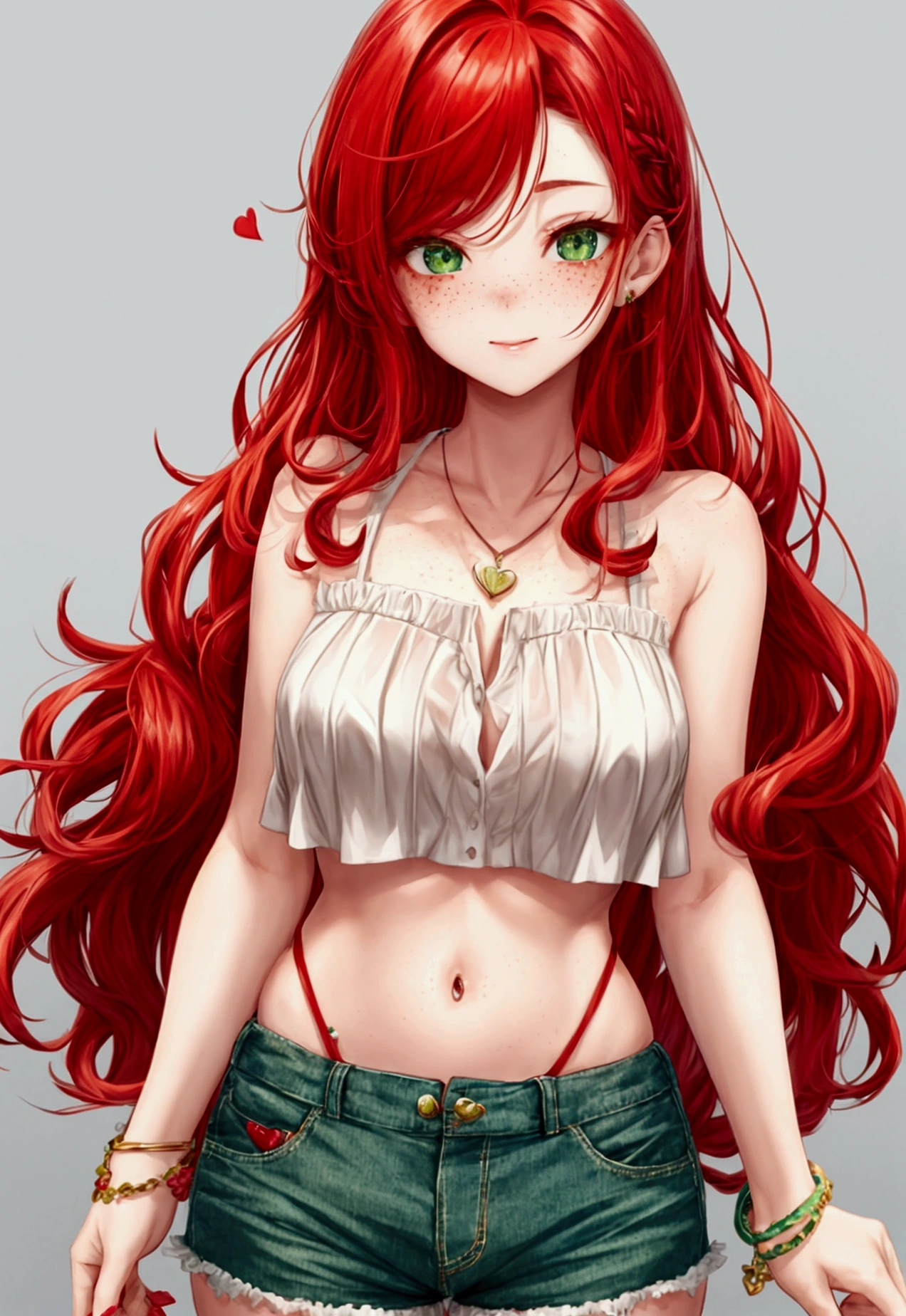 1girl, solo, red hair in loose waves, green eyes, heart-shaped face, freckles, simple stay-at-home clothing, crop top, shorts, charm bracelet, delicate jewelry, neutral background, relaxed and casual