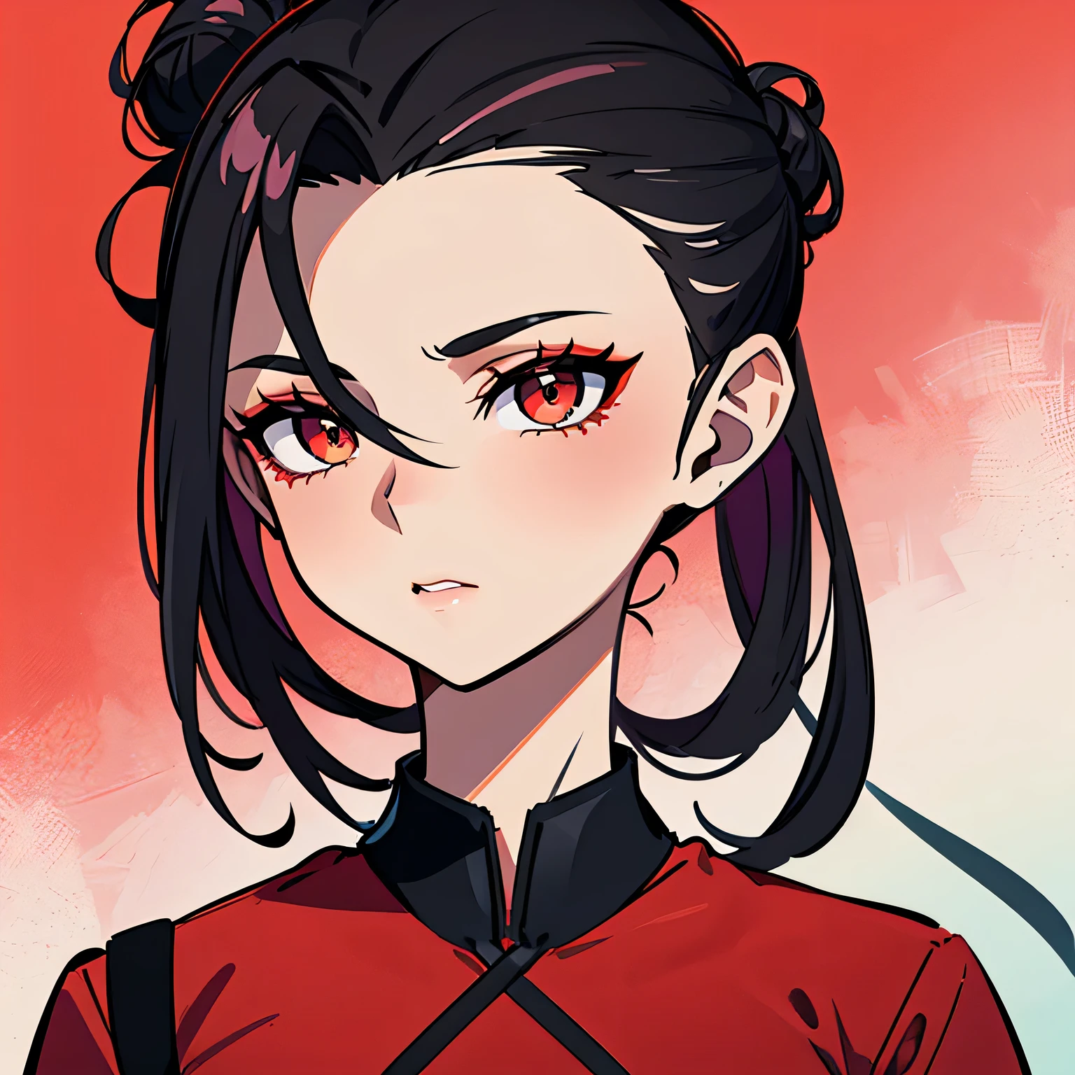 Amazing portrait of a sexy woman with her hair tied back in a high bun with her eyes emphasised by smokey eyeliner wearing a red dress with black laces and fishnets looking away to the side somewhere while looking tantalizingly sexy