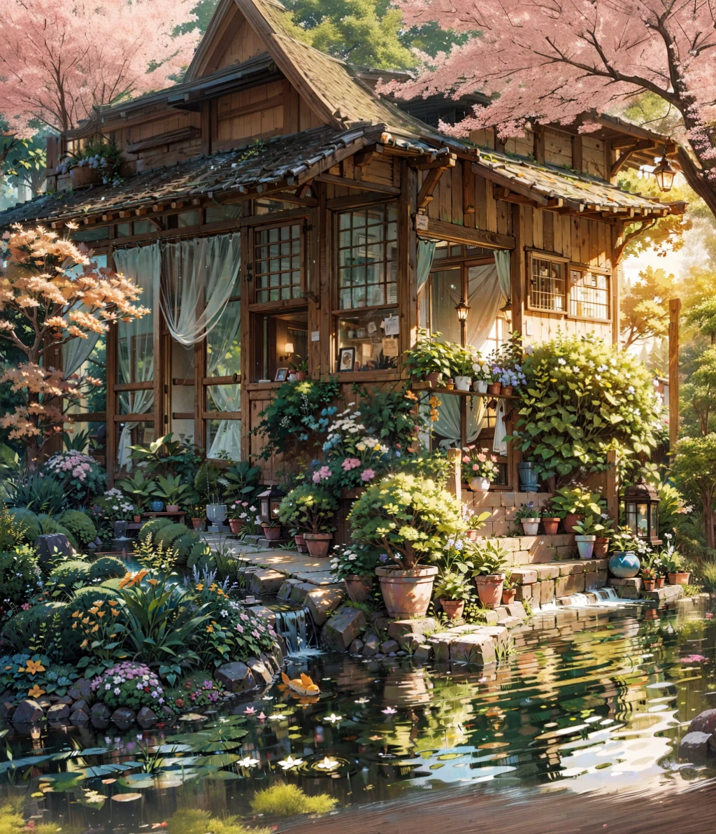 beautiful detailed japanese house, 1 story house, traditional japanese architecture, wooden structure, tiled roof, sliding paper doors, koi pond, cherry blossom trees, lush green garden, tranquil atmosphere, (best quality,4k,8k,highres,masterpiece:1.2),ultra-detailed,(realistic,photorealistic,photo-realistic:1.37),intricate details,warm lighting,vibrant colors,studio ghibli style