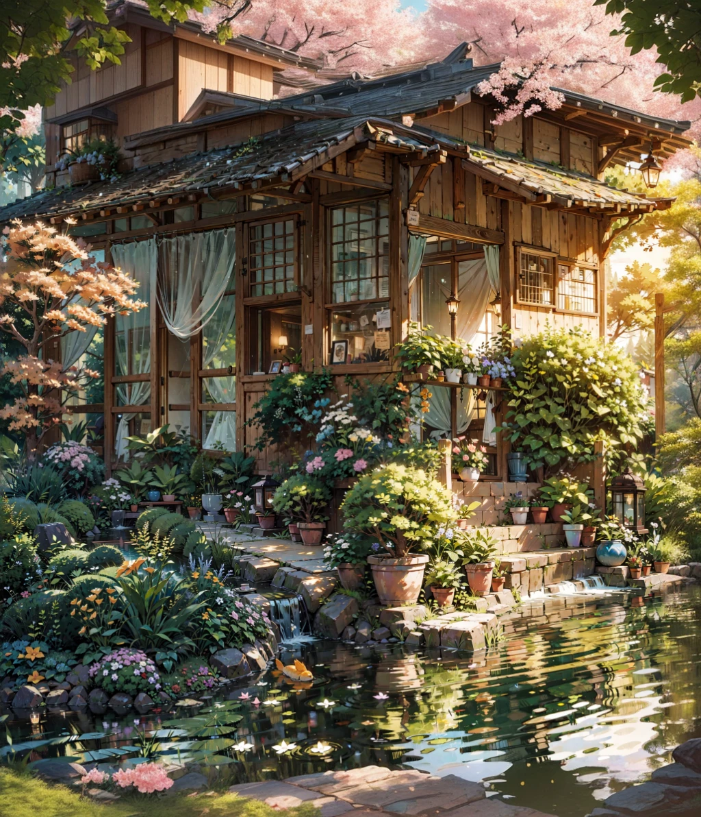 beautiful detailed japanese house, 1 story house, traditional japanese architecture, wooden structure, tiled roof, sliding paper doors, koi pond, cherry blossom trees, lush green garden, tranquil atmosphere, (best quality,4k,8k,highres,masterpiece:1.2),ultra-detailed,(realistic,photorealistic,photo-realistic:1.37),intricate details,warm lighting,vibrant colors,studio ghibli style