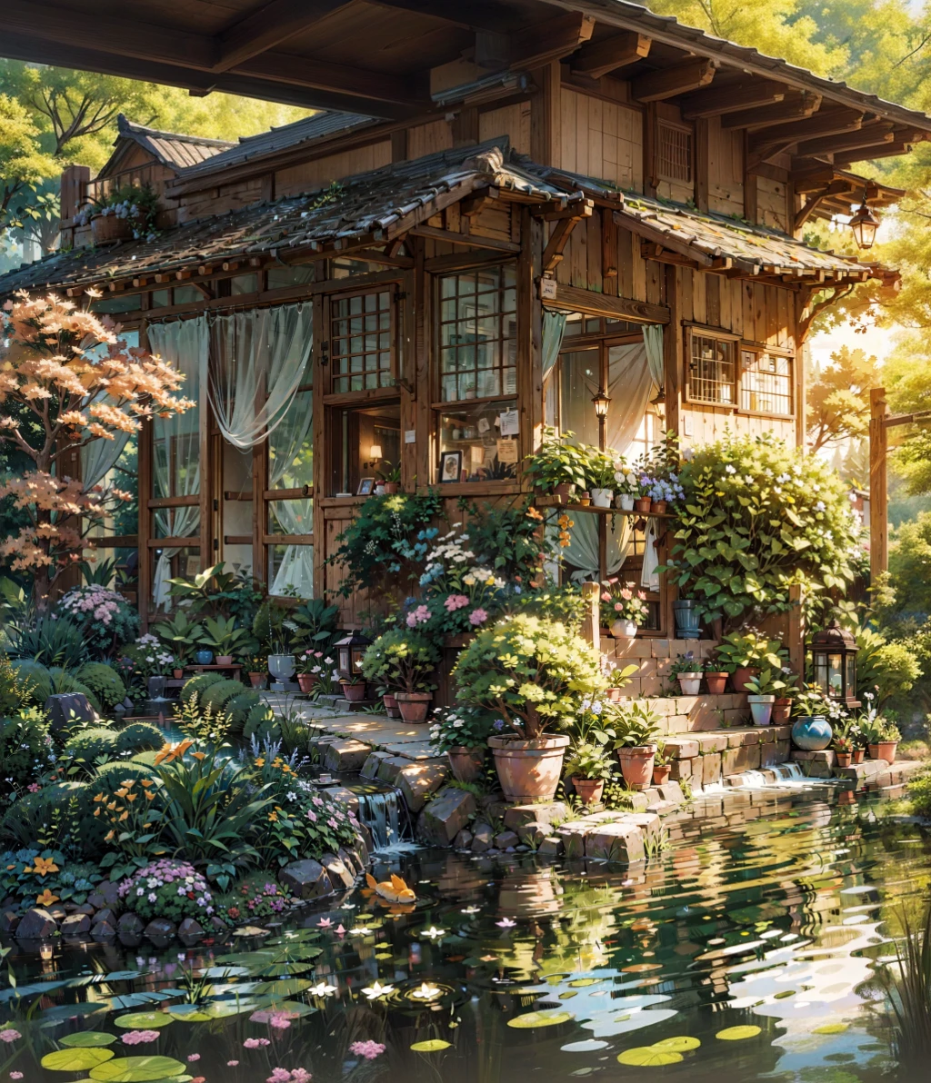 beautiful detailed japanese house, 1 story house, traditional japanese architecture, wooden structure, tiled roof, sliding paper doors, koi pond, cherry blossom trees, lush green garden, tranquil atmosphere, (best quality,4k,8k,highres,masterpiece:1.2),ultra-detailed,(realistic,photorealistic,photo-realistic:1.37),intricate details,warm lighting,vibrant colors,studio ghibli style