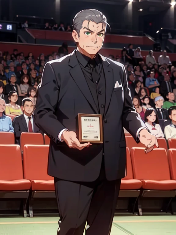 (Award-Winning Moment), (Oishikuraudo), fat, plump, old, wristwatch, grey hair, hair slicked back, green eyes, 1 boy, (Award Ceremony), move, Award Announcement, audience, applause, tuxedo, ((Platinum Trophy)), (背景にaudience)