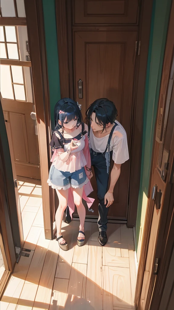 A couple is romancing inside the house. It is evening. The couple is wearing short clothes. The girl has big hips.