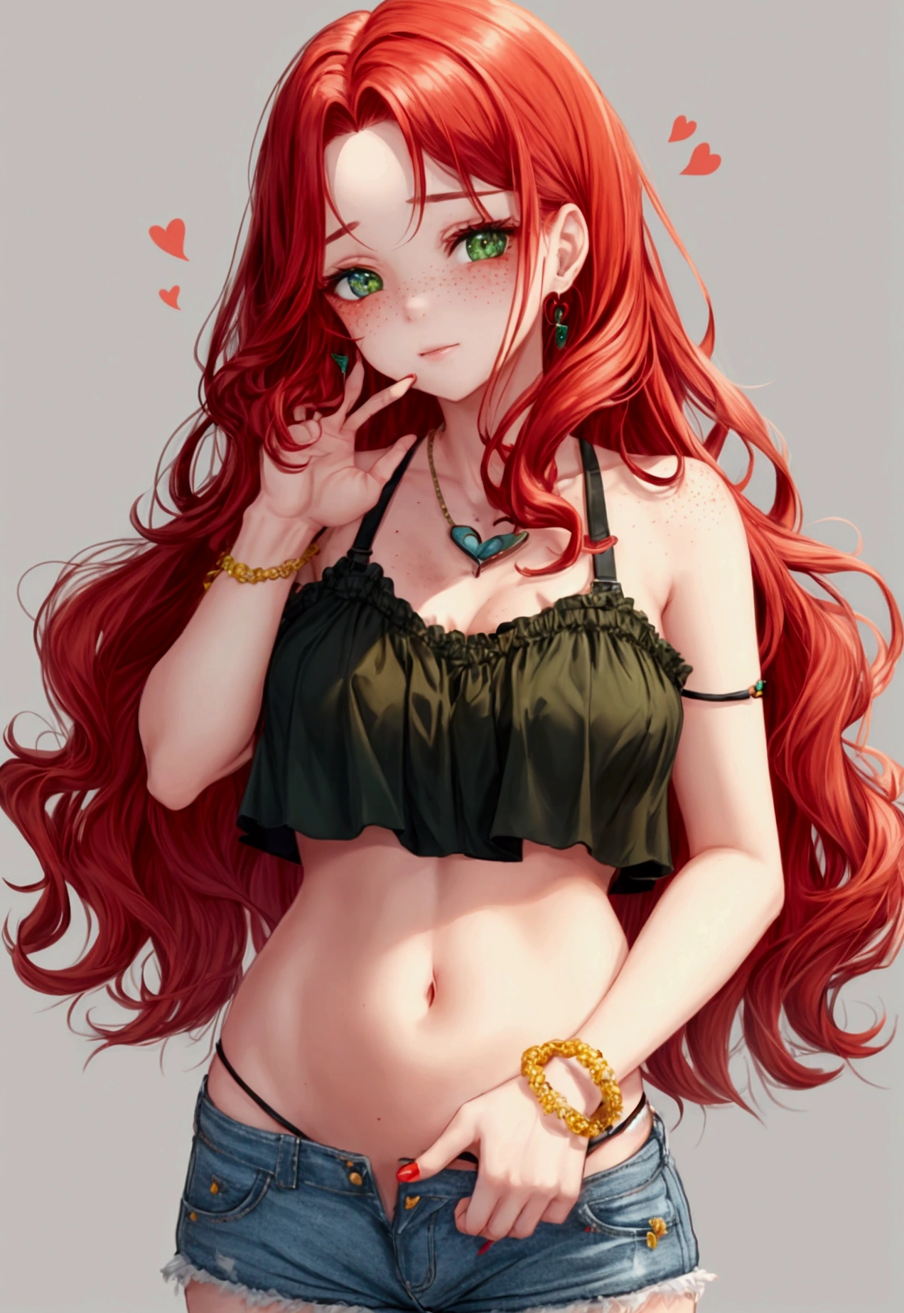 1girl, solo, red hair in loose waves, green eyes, heart-shaped face, freckles, simple stay-at-home clothing, crop top, shorts, charm bracelet, delicate jewelry, neutral background, relaxed and casual, femdom, dominarix, looking down