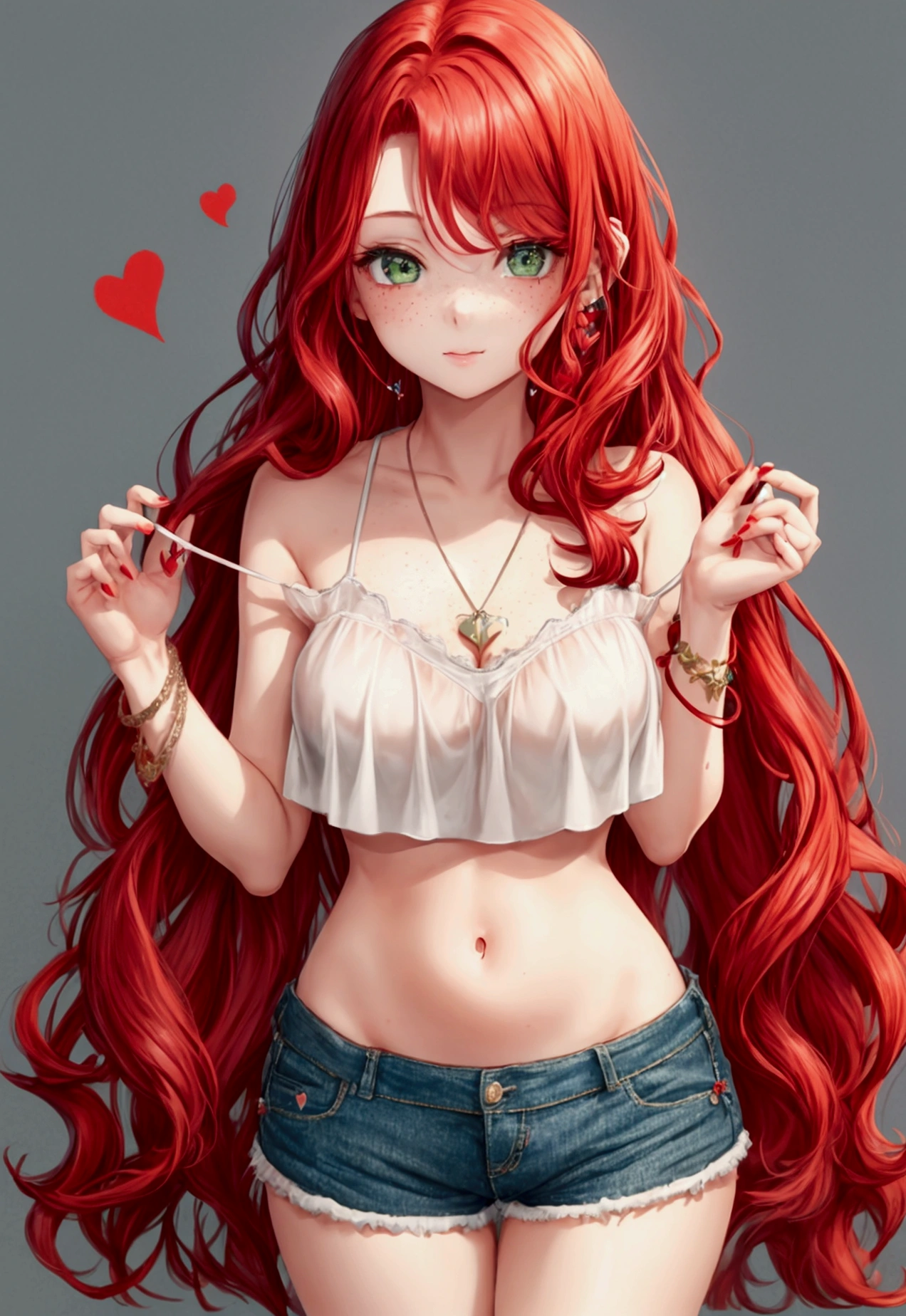 The upper part of the body、an oil painting、​masterpiece、top-quality、hight resolution　、(((long red hair)))、shores、Beach、Naughty look、(((White and light blue heart print bra)))、(((White and light blue heart pattern panties)))、Bending legs、Female face、Hot face、A smile、sweat-wet skin、blue-sky、Embarrassing、