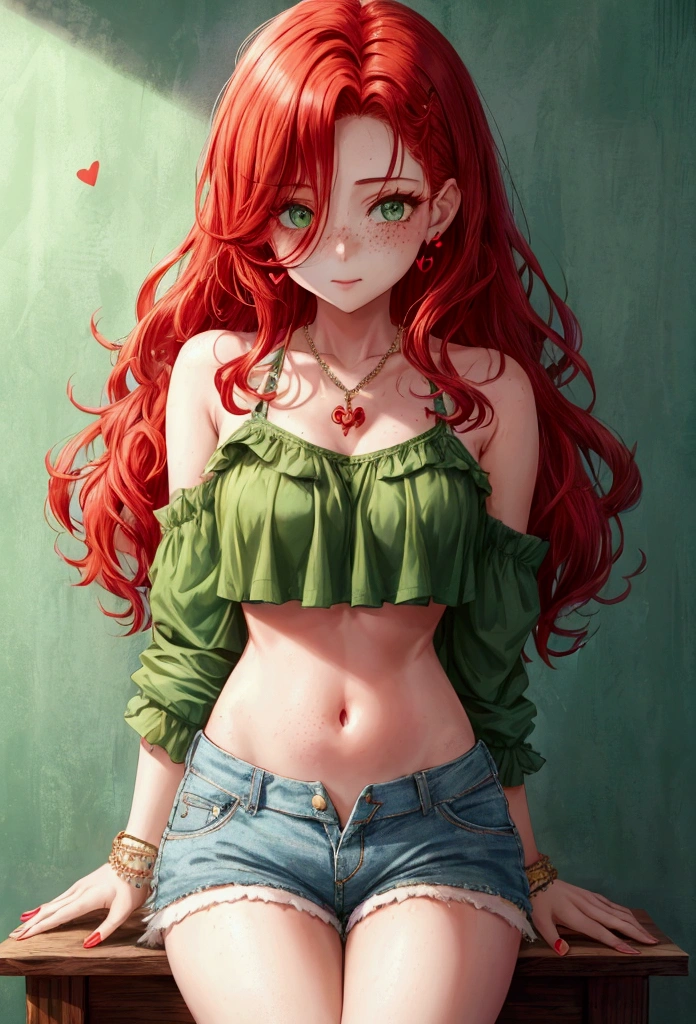 1girl, solo, red hair in loose waves, green eyes, heart-shaped face, freckles, simple stay-at-home clothing, crop top, shorts, charm bracelet, delicate jewelry, neutral background, relaxed and casual, femdom, dominarix, looking down