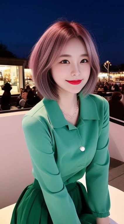 1 girl, Cute, One, beautiful detailed sky, Detailed cafe, night, sitting, dated,（blush of the nose),(smile:1.1),(keep your mouth shut),big breasts,соблазнительная smile,Large interval,professional lighting,Sony A7R4,Zessi 50mm F1.,pleated skirt,(short detailed hair:1.2),floating hair Sakura Haruno pink floating hair insanely beautiful green eyes beautiful clothes