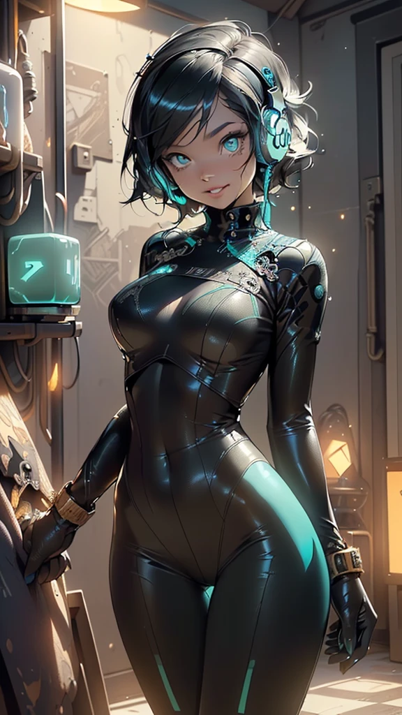 girl hacker,(((1girl))),((girl with extremely cute and beautiful hair)),

(large breasts:1.4),saggy breasts,(((eyes_turquoise:1.3))),intricate eyes,beautiful detailed eyes,symmetrical eyes,((fat)),((((pale skin,lustrous skin:1.5,bright skin: 1.5,shiny skin,very shiny skin,shiny body,plastic glitter skin,exaggerated shiny skin,shiny skin like ebony,illuminated skin,wet legs))),(spider lower abdomen,narrow waist,wide hip,athletic body,inflated legs, thick thighs,detailed body,(detailed face)),

cute,slutty,seductive,erotic,(nsfw),

(((sci-fi flashing lights, bright colours, bulky mechanical arms, black bodysuit, surrounded by glowing cubes, floating blue glowing cubes, headphones, parted lips))),((wet clothes,intricate outfit,intricate clothes)),

(dynamic pose:1.0),solo focus,((evil smile,evil look)),(centered,scale to fit dimensions,Rule of thirds),

inside,indoor,((cozy steampunk room)),scenery:1.25,((intricate scenery)),((steampunk decorations)),

(Glossy steampunk ornaments),highres,sharp focus,(ultra detailed,extremely detailed),(photorealistic artwork:1.37),(extremely detailed CG unity 8k wallpaper),(((vibrant colors,vibrant theme))),(intricate),(masterpiece),(best quality),artistic photography,(photography taken by sldr),(intricate background),perfect rendered face,perfect face details,realistic face,photo realistic,((intricate detail)),(((realism))),
