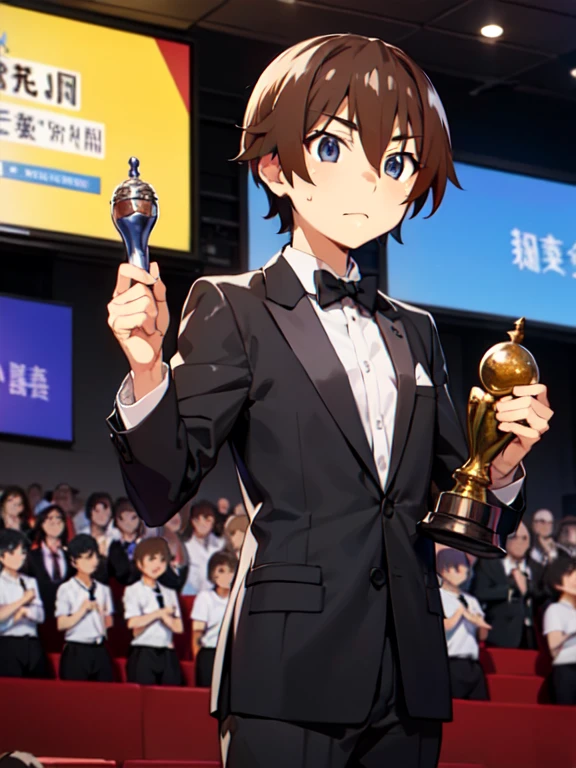 (Award-Winning Moment), (Keiichi_maebara), brown hair, Blue eyes, hair between eyes, 1 boy, (Award Ceremony), move, Award Announcement, audience, applause, tuxedo, (Acceptance speech), Eloquence, ((Small trophy)), 背景にaudience