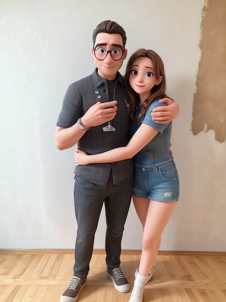 Couple embraced, fundo prata, mulher de cabelos cacheados e curto, homem camisa rosa