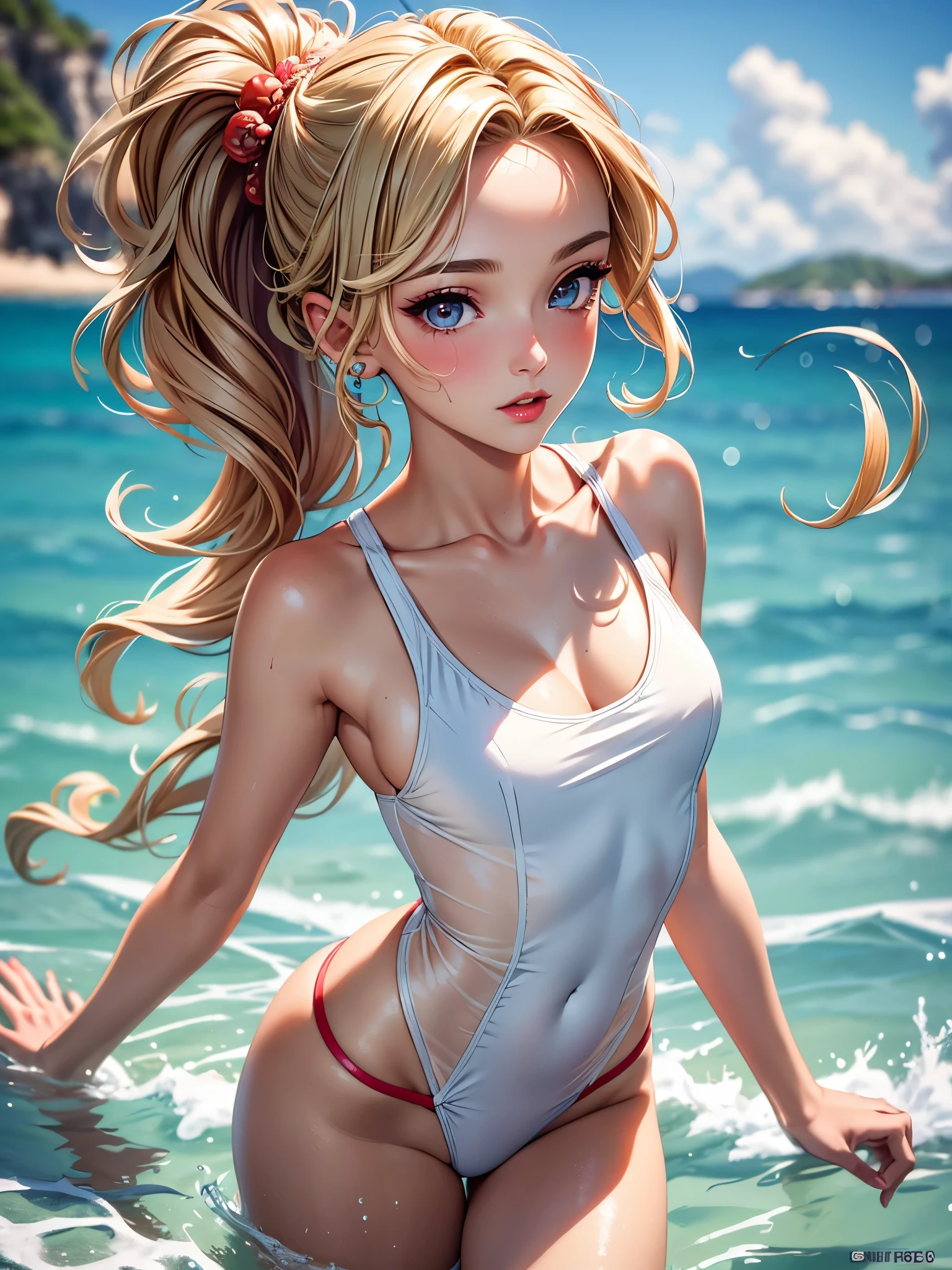 (best quality, 8K, masterpiece:1.3), pretty Woman, 1 girl, beautiful face, (Sexy), blonde hair, curly braided ponytail, white swimsuit, Ultra-detailed face, Detailed lips, super detailed eyes, double eyelids, long upper eyelashes, Soft skin, HD skin, Caribbean Sea, in the sea, in the sea, Half body in the sea, Coral Reef, small fish, 8k, Super detailed, best quality detail, retina, Ultra-high resolution, masterpiece, ccurate
