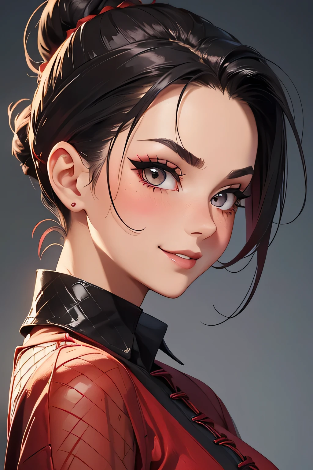 Amazing portrait of a sexy woman with her hair tied back in a high bun with her eyes emphasised by smokey eyeliner wearing a red dress with black laces and fishnets glancing at us and blushing intensely and smiling at us while looking tantalizingly sexy