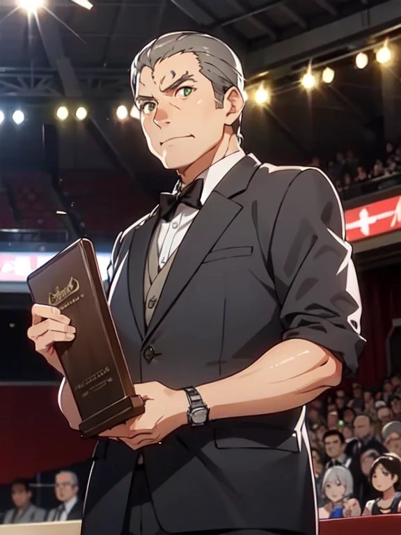 (Award-Winning Moment), (Oishikuraudo), fat, plump, old, wristwatch, grey hair, hair slicked back, green eyes, 1 boy, (Award Ceremony), move, Award Announcement, audience, applause, tuxedo, ((Platinum Trophy)), (背景にaudience)