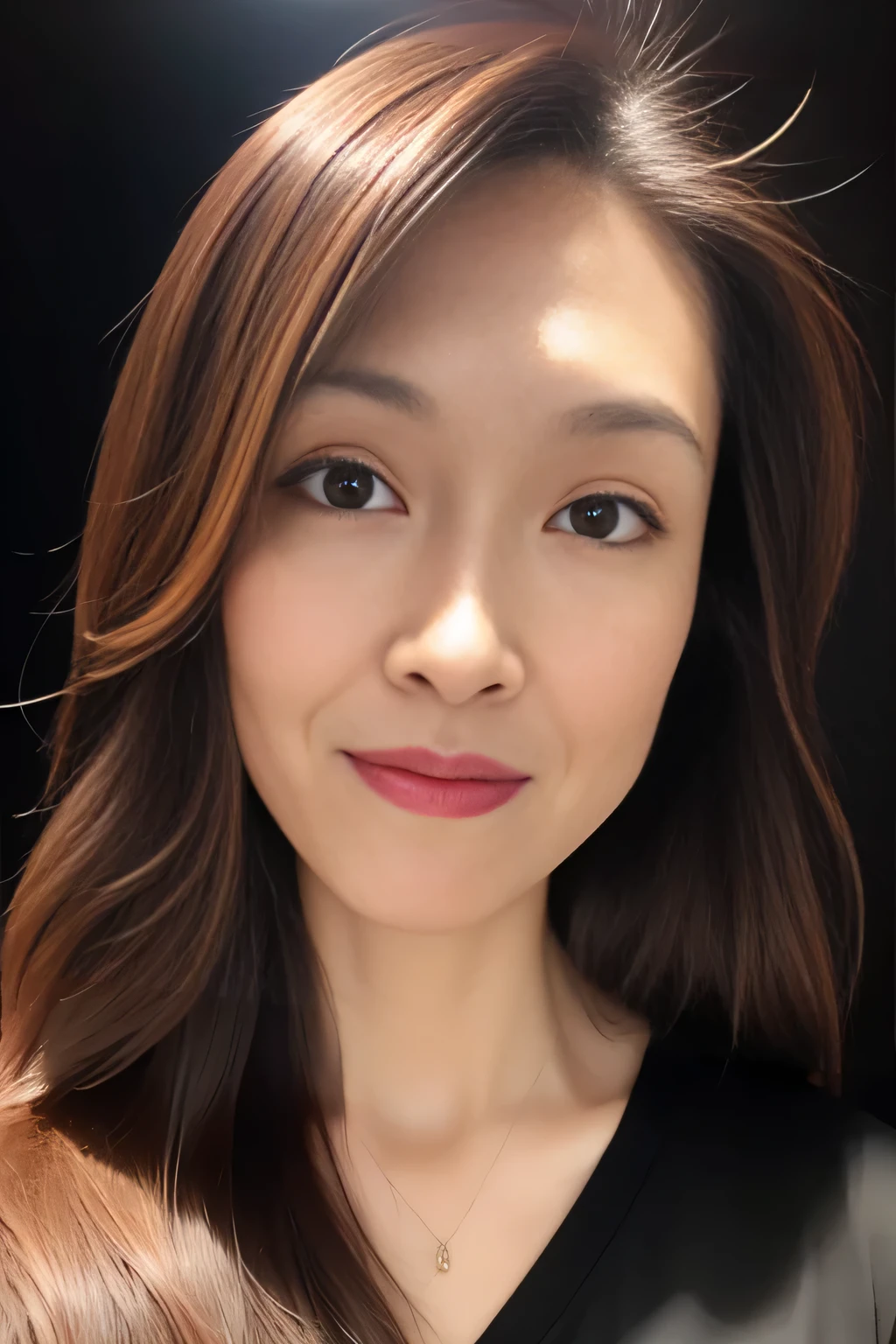 Ultra-high resolution, masterpiece, Inflamed skin, Very detailed, Realistic, Professional Lighting, Written boundary depth, sharp, (Black Background), (Front view:1.2),(Japanese Mature, 38 year old women are sexy:1.0), Detailed face, Beautiful Eyes, bangs, Shapely small breasts, Light brown straight hair, Glossy pink lips, (Catch Eye:1.3),((Stand in front、Looking at the audience, Serious face eyes,)), (Silk blouse:1.0), Theta, Cowboy Shot,