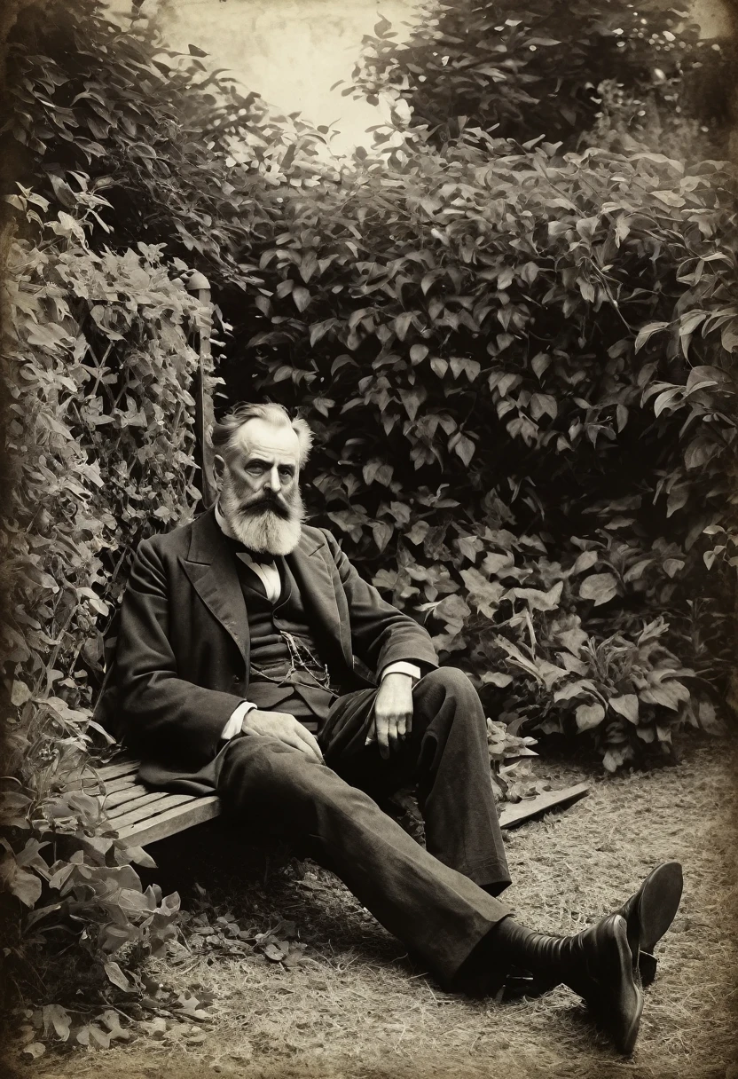 old picture of a man, barbe, seated, dead garden backgrounds, in the style of John Singer Sargent, horror, desaturated, antique period, aged marks