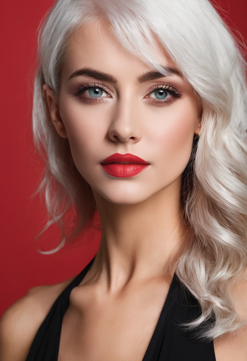 Woman with platinum hair, Eyes red, brunette skin, black handle,👙.