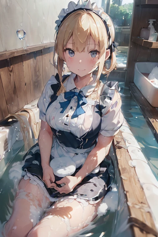 (Ultra high quality:1.6), (Highest quality:1.4), (Attention to detail:1.4), (Ultra-high resolution:1.6), (Detailed face:1.4), (Perfect Face:1,4), (Beautiful Eyes:1,6), (Detailed eyes:1.6), (Maid clothes, White apron, Headband, Black Dress, Blue ribbon, Maid clothes, Classic, Long:1.4), (白と黒のMaid clothes:1.6), (Blonde, Blue Eyes, Cat ear:1.4), cute, The best smile, Soaking wet, (Water droplets all over the body, 全身White foamまみれ:1.4), (Swimming in clothes, bathing, Bathroom, Wooden bathtub:1.4), (relax, Sit back and relax:1.6), (Bubble bath, White foam:1.4), (Soak in the bathtub fully clothed, Submersion:1.6), (つま先から胸までSubmersion:1.6), White foam, 衣服にもWhite foam,