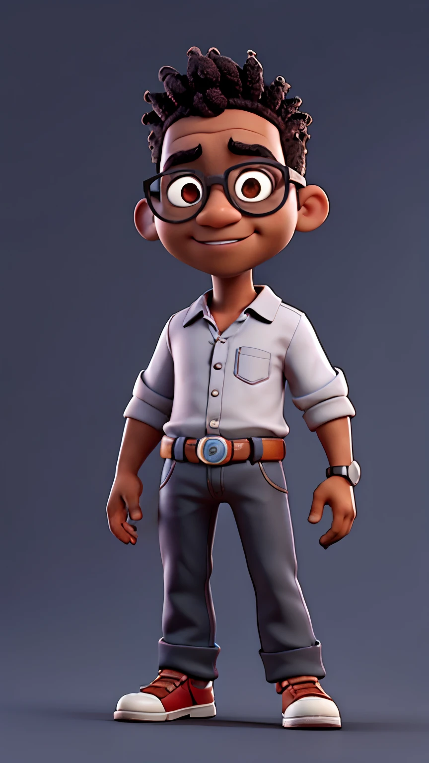 Cartoon character of a black man with darker skin tone, hair cut to the side social style, black glasses and gray shirt, animation character, stylized character, animation style rendering, 3d stylized, Arnold Maya rendering, Stylized 3D rendering, toon render screenshot, 3d character, 3d character, Stylized 3D rendering, 3D character rendering, cartoon character, Personagem de close up, character posing, (Pixar-style) (master part:1.2) (bokeh) (best qualityer) (skin detailed) (detailed texture) (8k) (Argilla) (cinematic lighting) (sharp focus