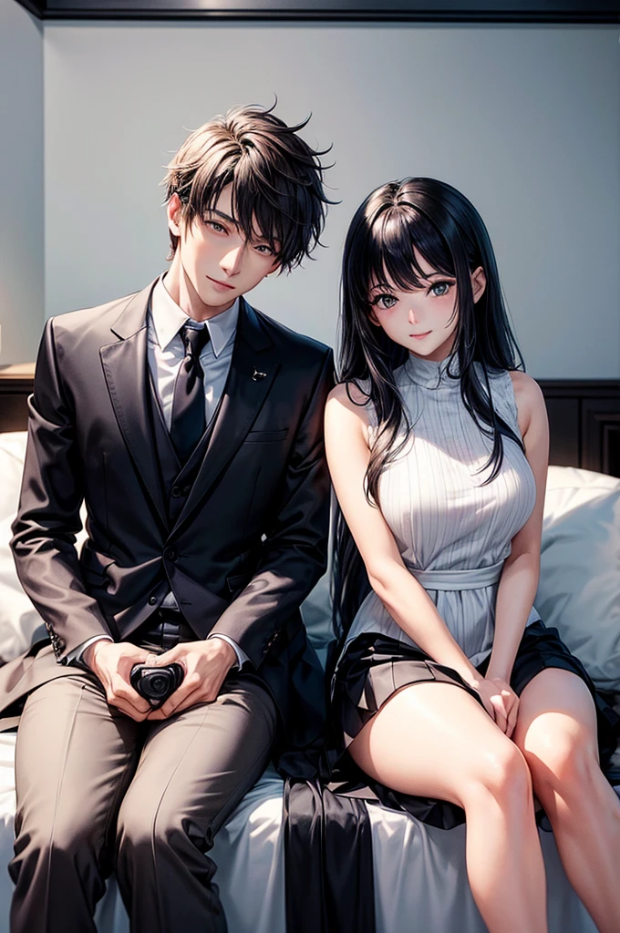 top-quality masterpiece Male and female couples Girl sitting on a chair wearing a tight skirt over a blouse。Boys hugging each other from behind。Boys wearing high school long pants uniforms with mash cut hairstyles。Without glasses、Revenge relationship