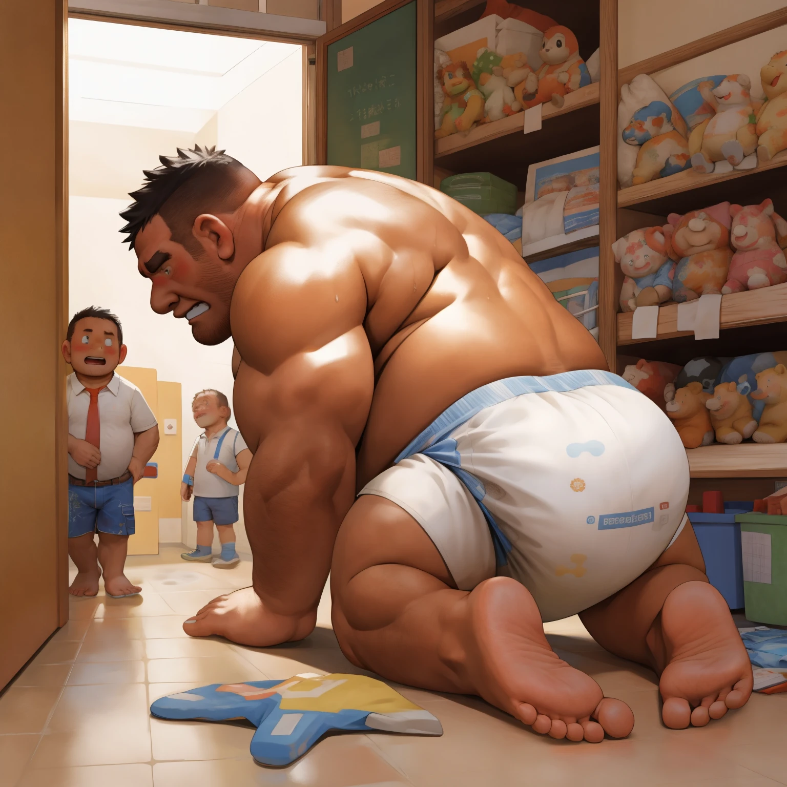 masterpiece, Top quality, in 32K, perfect anatomy, hyper detailed, super fine illustration, The thick man is a brutal retarded prisoner, hairy human, 50yo in Japan, (fatness: 1.0), Fatty muscle, Bowleg, disappointment, incontinent, shy, sissy, Weaker than children, Drool, Round face, be diaper check by children, waddle, There is a small puddle under him, incontinent, short legs, Bowleg, spread legs, wear a White cloth Diaper, Bare belly, Bare legs, Bare foots, Bare soles, Shirtless, wide forehead and short thinning hair, Man with round face with stubble, Bare foots, Bare soles, He enters nursery school and is despised by children, Entrance ceremony commemorative photo, He surrounded by children, His bottom is wet, Bare foots, big butt, he is scolded by the children, White Diaper, He surrounded by children, sobbing, wear a White cloth Diaper, shirtless, There is a small puddle under him, He enters nursery school and is despised by children, big butt, sobbing, He crawling to go to children, on all fours, side view