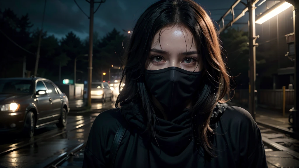 1 women in loose, lightweight black clothing, wearing a prominently visible balaclava, hanging by one hand from a track above a rusted roller coaster car, broken tracks and overgrown weeds, eerie atmosphere, sense of mystery and solitude, suspenseful mood, close-up shot from the car, shallow depth of field, soft, diffused lighting. Dark atmosfer. Black mask in face.8k