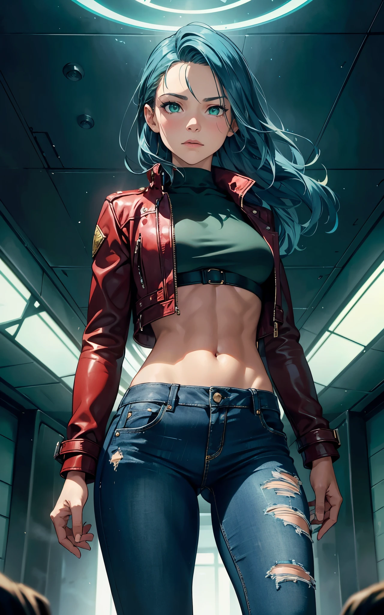 (Alicia Vikander:Evangeline Lilly), green light, glowing eyes, pov below, wind,, masterpiece, best quality, 1girl, cool, serious, medium breasts, long hair, blue  hair, red leather jacket, crop top, tight jeans, green eyes, abs