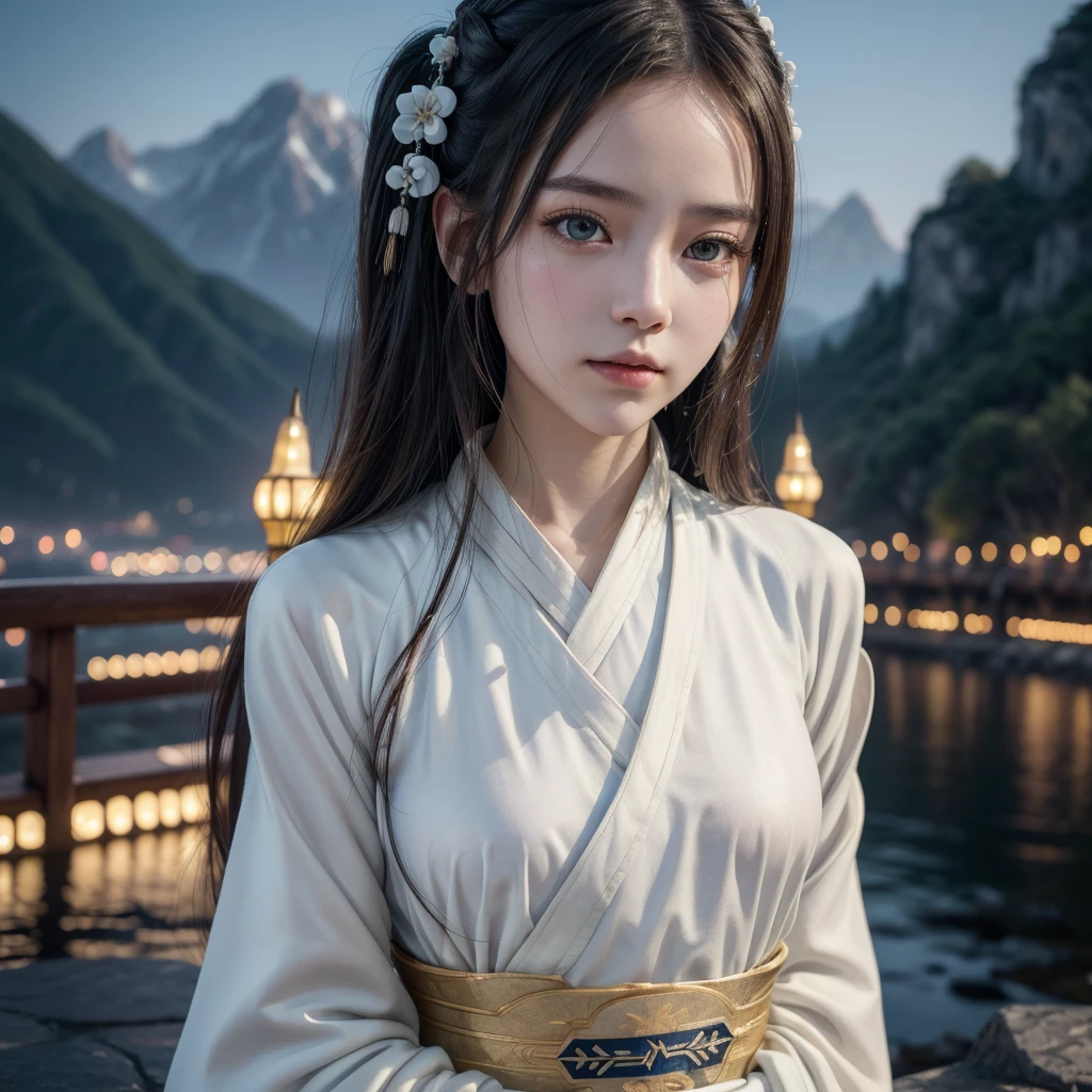 best quality, masterpiece, highres,, 1girl, Detailed face, (Upper body:1.6), Cyber cities, mountains and rivers, night, firefly lights, Realistic, rich in detail, (White hanfu:1.2), (beautiful body:1.4),