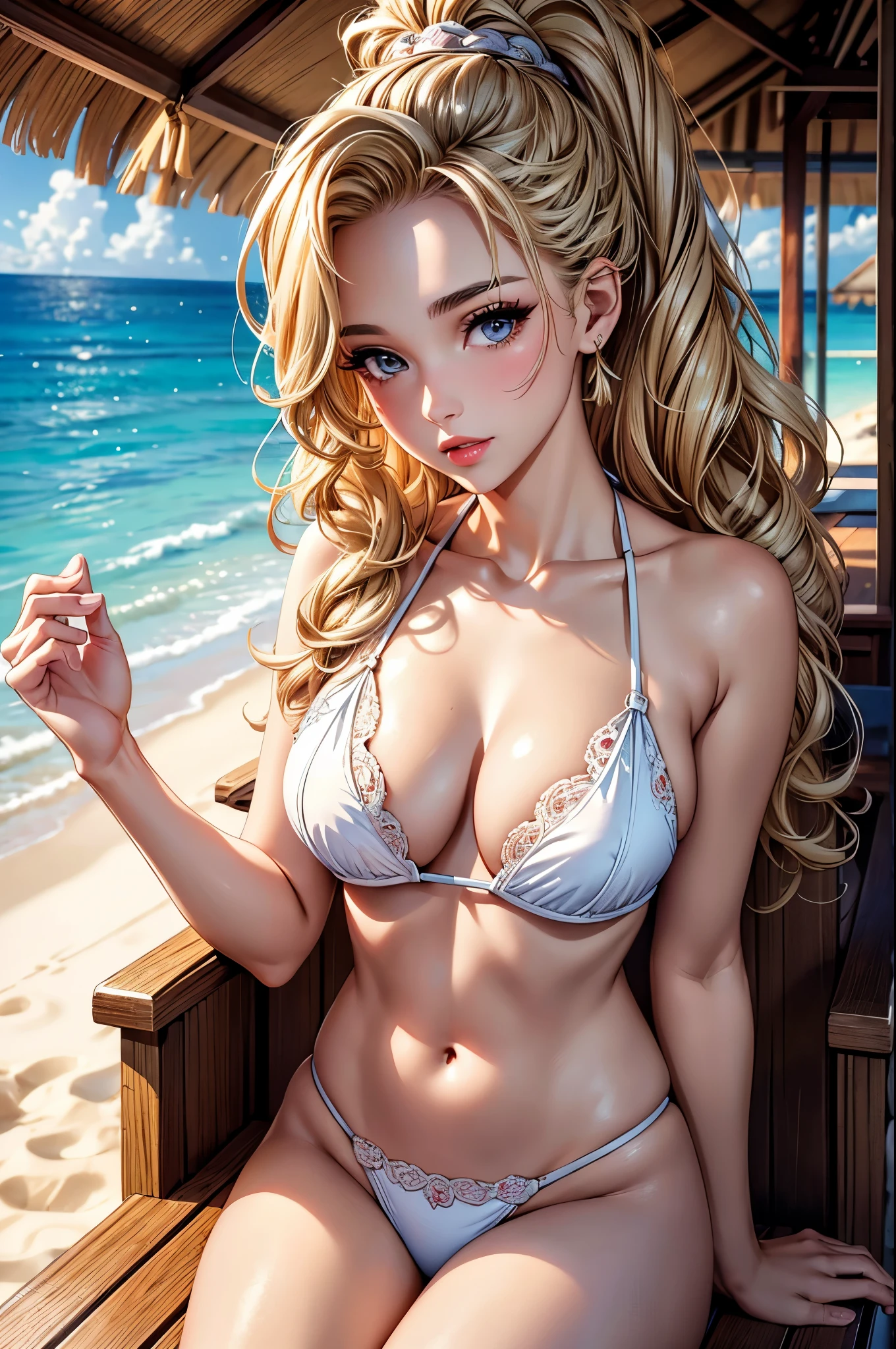 (best quality, 8K, masterpiece:1.3), pretty Woman, 1 girl, beautiful face, (Sexy), blonde hair, curly braided ponytail, bikini, Ultra-detailed face, Detailed lips, super detailed eyes, double eyelids, long upper eyelashes, Soft skin, HD skin, (Maldive:1.2), Maldive Islands, beach, Vacation Homes, 8k portrait, Super detailed, best quality detail, retina, Ultra-high resolution, masterpiece, ccurate