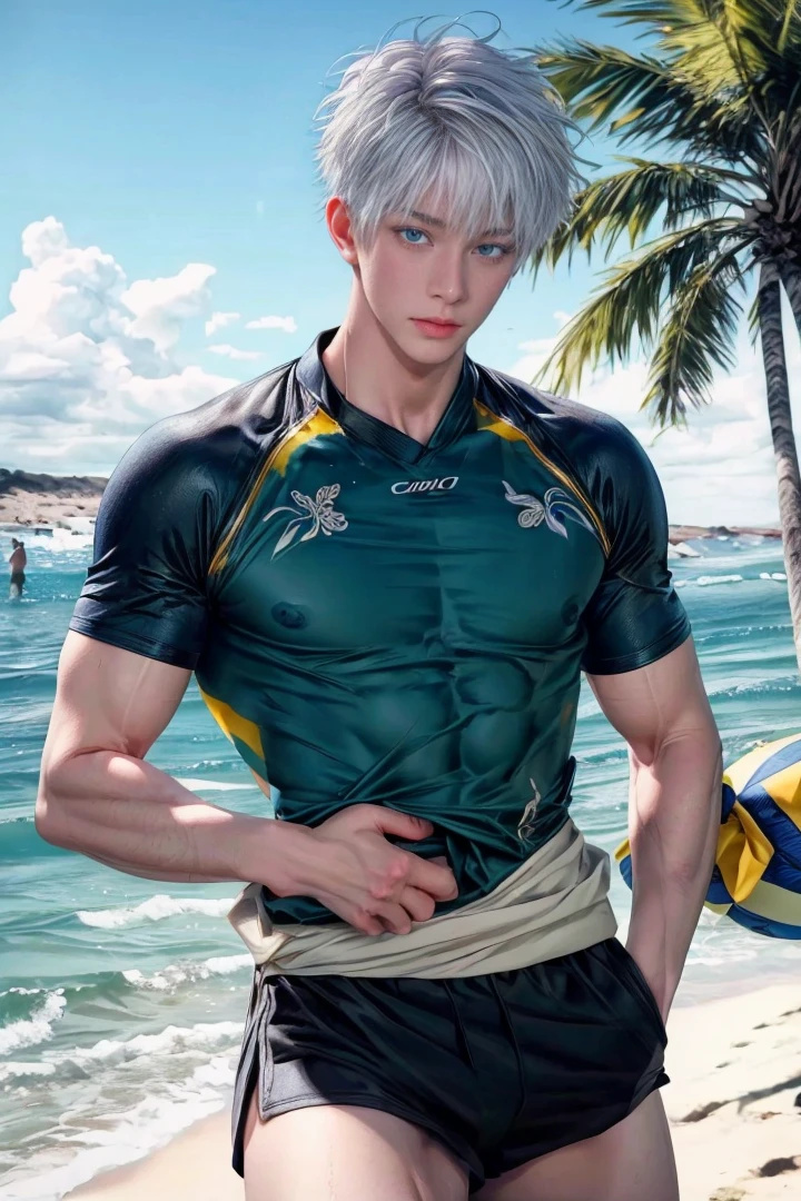 1boy, adult, handsome, perfect face, detailed eyes and face, clean shaved, sixpack realistic, white eyebrow hair, white eyelashes, dynamic lighting, unreal engine 5, hd picture, satoru gojo, white hair, short hair ,hair between eyes ,blue eyes, white skin, sweat details, beach background