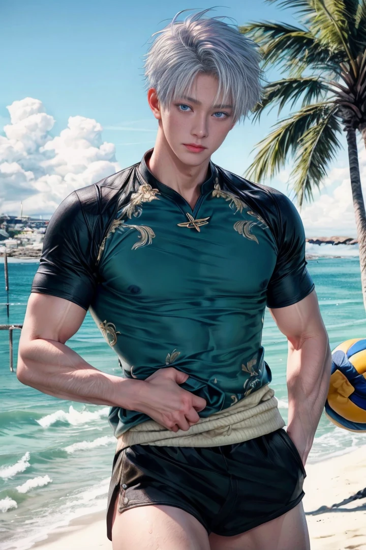 1boy, adult, handsome, perfect face, detailed eyes and face, clean shaved, sixpack realistic, white eyebrow hair, white eyelashes, dynamic lighting, unreal engine 5, hd picture, satoru gojo, white hair, short hair ,hair between eyes ,blue eyes, white skin, sweat details, beach background