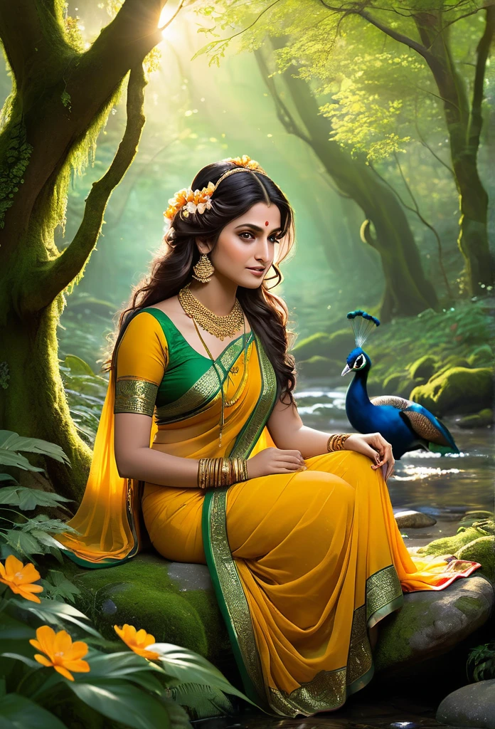 Generate a mystical forest scene during twilight. The focal point is a beautiful woman sitting gracefully on a moss-covered stone. She is adorned in a flowing saffron saree that cascades elegantly around her and has long, dark, wavy hair decorated with delicate white flowers. She wears intricate jewelry: a shimmering necklace, ornate earrings, and golden bangles that catch the faint light. Her expression is serene and kind, and her gaze is gentle and inviting.
In her lap rests a delicate fawn, looking up at her with trustful eyes. To her side, a majestic peacock stands with its iridescent feathers fanned out. The forest is lush and verdant with ancient, towering trees whose branches form a natural canopy overhead. The ground is covered in vibrant flowers and moss, adding to the dreamlike quality. Soft, ethereal lights float around, contributing to the magical atmosphere.
The air is filled with the gentle sounds of nature: the rustling of leaves, distant bird calls, and the quiet murmur of a nearby stream. The setting sun filters through the canopy, casting a golden glow on the scene and creating an aura of warmth and peace. Other woodland creatures can be faintly seen in the background, drawn to the woman's peaceful presence."