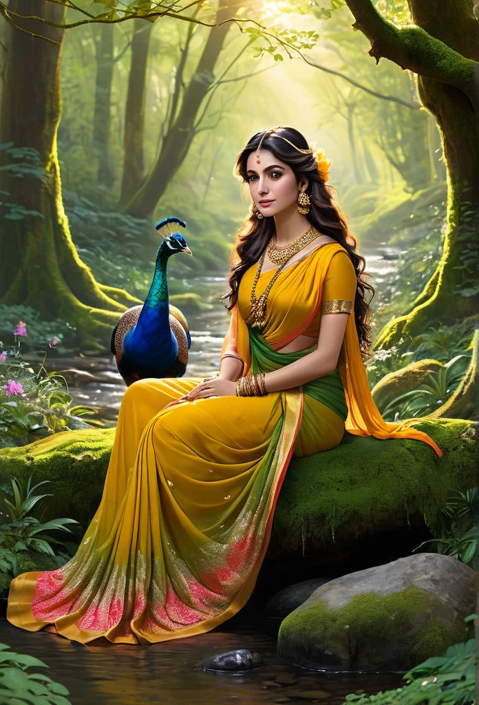 Generate a mystical forest scene during twilight. The focal point is a beautiful woman sitting gracefully on a moss-covered stone. She is adorned in a flowing saffron saree that cascades elegantly around her and has long, dark, wavy hair decorated with delicate white flowers. She wears intricate jewelry: a shimmering necklace, ornate earrings, and golden bangles that catch the faint light. Her expression is serene and kind, and her gaze is gentle and inviting.
In her lap rests a delicate fawn, looking up at her with trustful eyes. To her side, a majestic peacock stands with its iridescent feathers fanned out. The forest is lush and verdant with ancient, towering trees whose branches form a natural canopy overhead. The ground is covered in vibrant flowers and moss, adding to the dreamlike quality. Soft, ethereal lights float around, contributing to the magical atmosphere.
The air is filled with the gentle sounds of nature: the rustling of leaves, distant bird calls, and the quiet murmur of a nearby stream. The setting sun filters through the canopy, casting a golden glow on the scene and creating an aura of warmth and peace. Other woodland creatures can be faintly seen in the background, drawn to the woman's peaceful presence."
