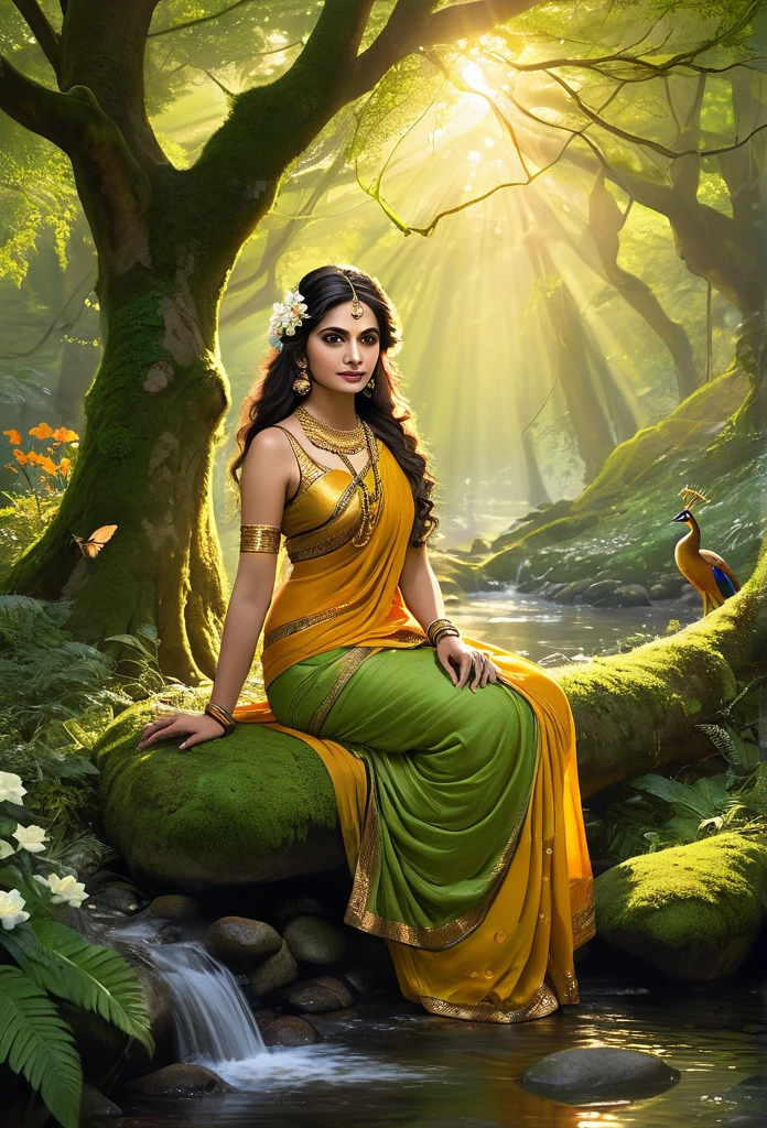Generate a mystical forest scene during twilight. The focal point is a beautiful woman sitting gracefully on a moss-covered stone. She is adorned in a flowing saffron saree that cascades elegantly around her and has long, dark, wavy hair decorated with delicate white flowers. She wears intricate jewelry: a shimmering necklace, ornate earrings, and golden bangles that catch the faint light. Her expression is serene and kind, and her gaze is gentle and inviting.

In her lap rests a delicate fawn, looking up at her with trustful eyes. To her side, a majestic peacock stands with its iridescent feathers fanned out. The forest is lush and verdant with ancient, towering trees whose branches form a natural canopy overhead. The ground is covered in vibrant flowers and moss, adding to the dreamlike quality. Soft, ethereal lights float around, contributing to the magical atmosphere.

The air is filled with the gentle sounds of nature: the rustling of leaves, distant bird calls, and the quiet murmur of a nearby stream. The setting sun filters through the canopy, casting a golden glow on the scene and creating an aura of warmth and peace. Other woodland creatures can be faintly seen in the background, drawn to the woman's peaceful presence."