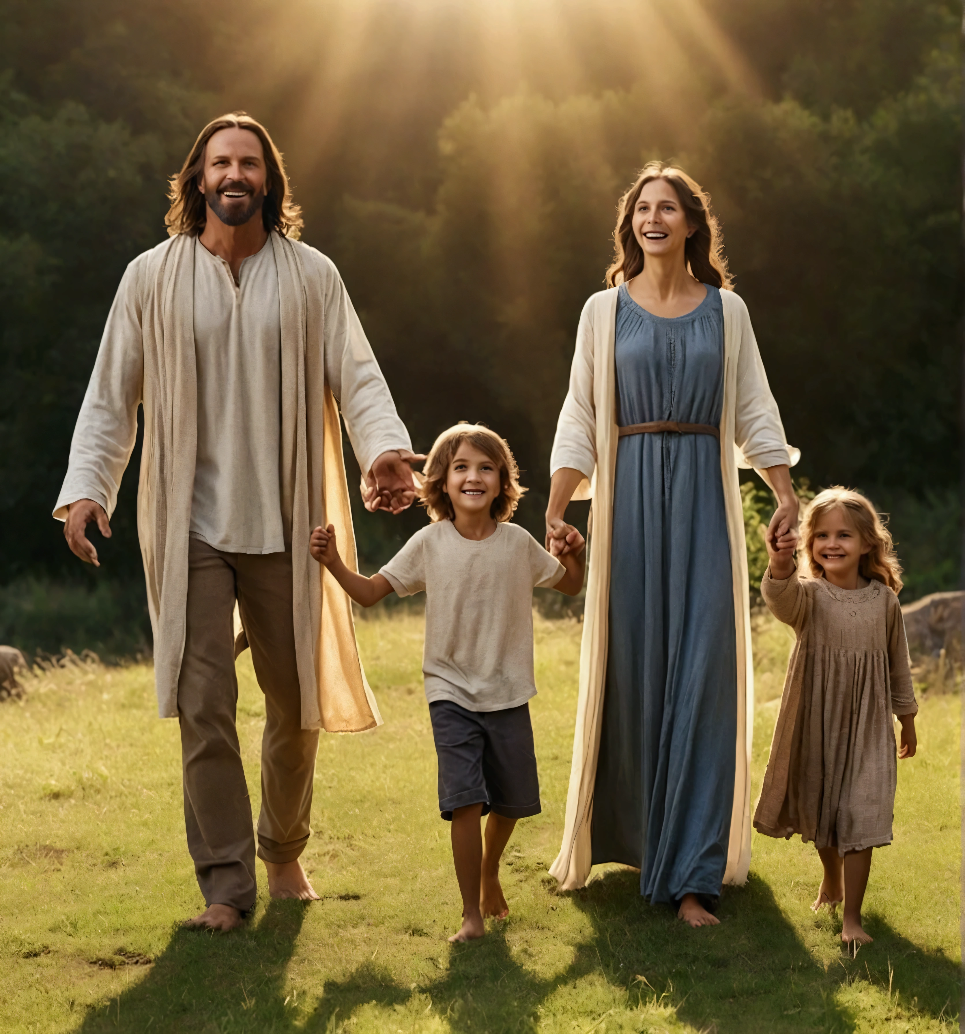 a photo where a family consisting of a father, a mother and two children, A boy and a girl , everyone is happy and the living Jesus Christ stands with open arms behind this family, as if they protected them, cinematic quality, 8k, ultra detaild, photo quality 