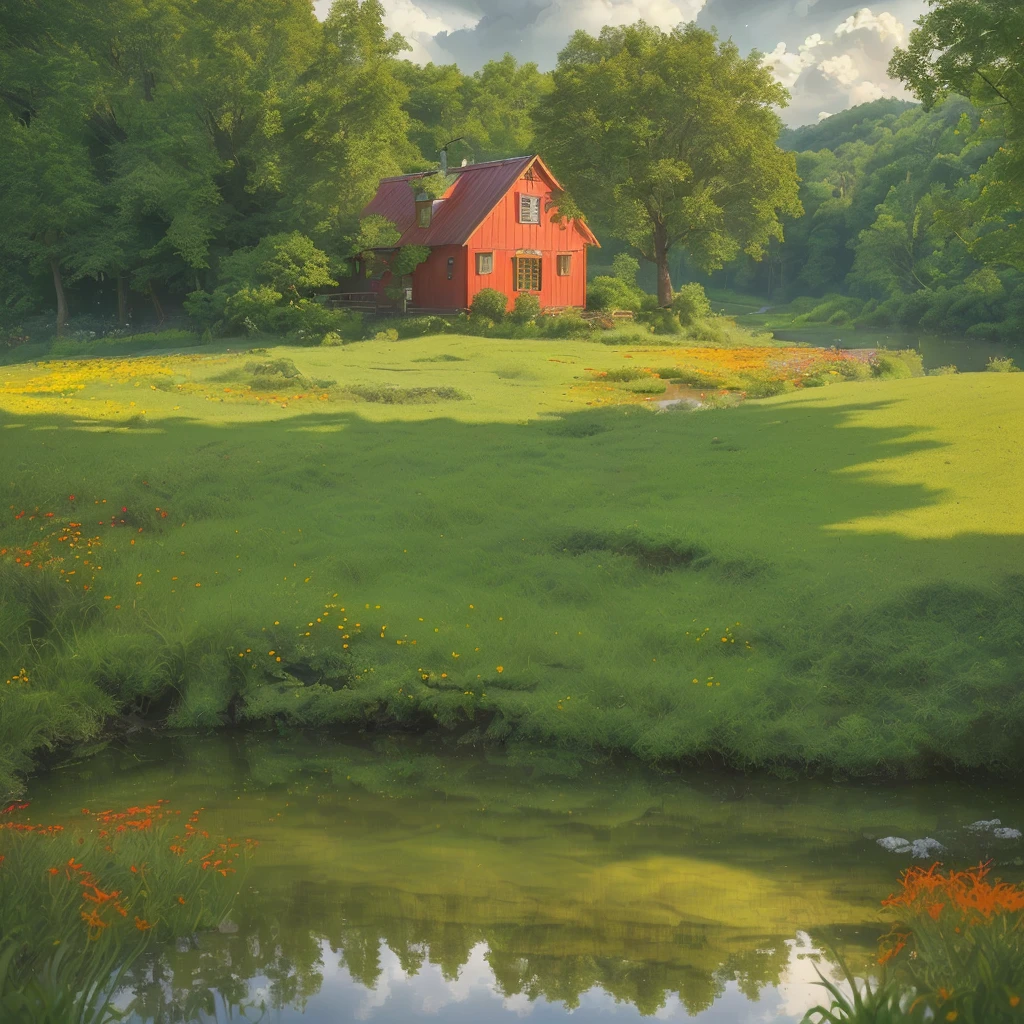 A serene countryside scene during a gentle summer rain, a cozy cottage with a red roof nestled near a large, lush green tree, dramatic billowing clouds in vibrant shades of orange and yellow, a narrow winding path bordered by wildflowers and rich green grass, small puddles along the path, (best quality,4k,8k,highres,masterpiece:1.2),ultra-detailed,(realistic,photorealistic,photo-realistic:1.37),landscape,extremely detailed landscape,vibrant colors,dramatic lighting,sunlight breaking through clouds,serene,peaceful,tranquil,idyllic