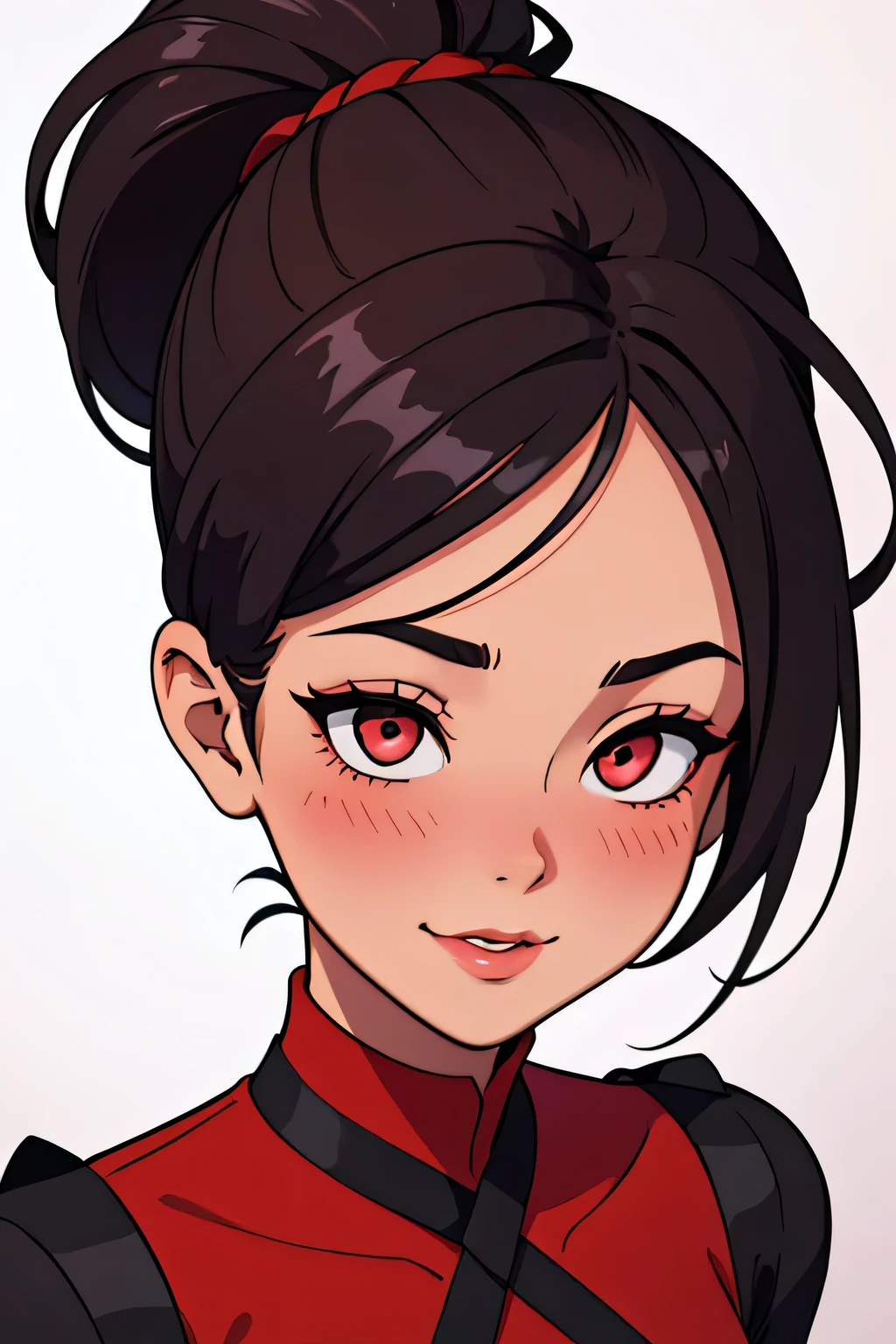 Amazing portrait of a sexy woman with her hair tied back in a high bun with her eyes emphasised by smokey eyeliner wearing a red dress with black laces and fishnets glancing at us and blushing intensely and smiling at us while looking tantalizingly sexy while standing very close to us