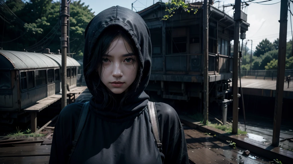 1 women in loose, lightweight black clothing, wearing a prominently visible balaclava, hanging by one hand from a track above a rusted roller coaster car, broken tracks and overgrown weeds, eerie atmosphere, sense of mystery and solitude, suspenseful mood, close-up shot from the car, shallow depth of field, soft, diffused lighting. Dark atmosfer.8k