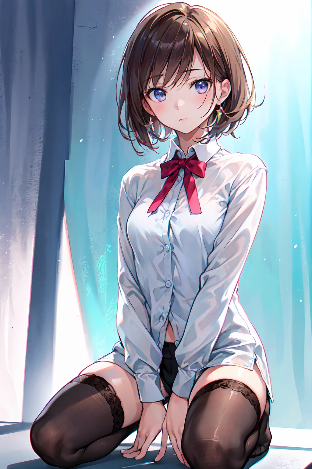 Gentle expression, Kneel, Place your hands between your legs,Brown Hair , short hair, (8k, RAW Photos, Realistic:1.25) ,( Lip gloss, eyelash, Glossy face, Glowing Skin, Highest quality, Ultra-high resolution, Written boundary depth, chromatic aberration, Caustics, Wide Light, Natural Shadows, K-POPアイドル) she、sheは女神のような静けさと至福で鑑賞者を見つめている.。., whole body, Small breasts, White underwear, Black Stockings, See-through shirt, White shirt, secretary