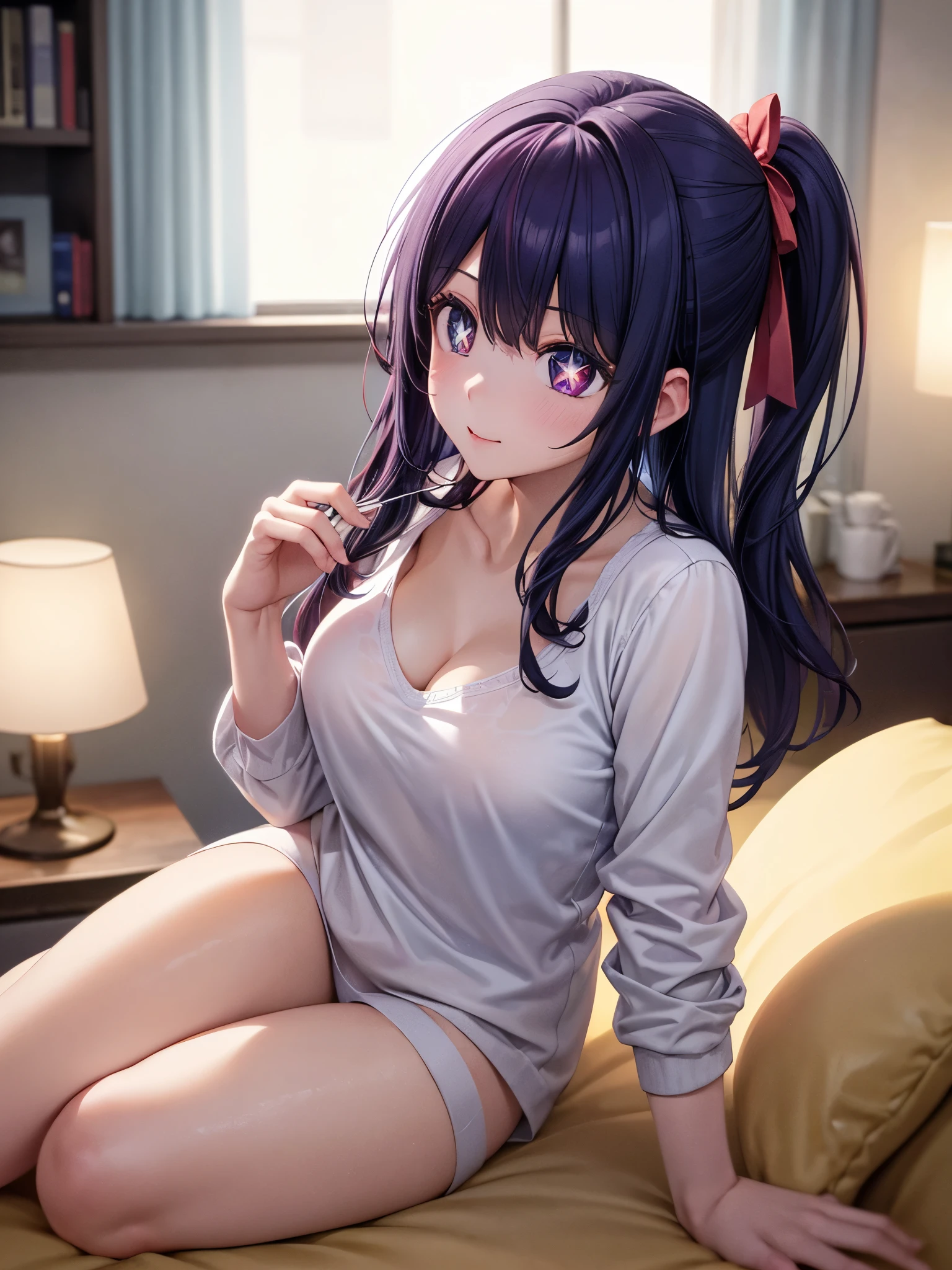 (8k, Ultra-high resolution, The best masterpiece, best quality:1.2), Very detailed, portrait, Half Body, side, focus on eyes, HD RAW photos, career arrest, High quality and beautiful, 超高清 8k 影像照片, confess, Professional photography, (actual, actual相片: 1.37), Very detailed的美麗女孩, Super delicate face shape, Contoured eyes, (Very detailed eyes), Delicate skin, (HD Skin:1.2), Neatly contoured fingers, (20:1.2), Twenty generations, cute girl, young beautiful mother, solo, Ai Hoshino, Hoshino Ai, (Wear comfortable loungewear), Vibrant look, (Layperson, Living room), Dynamic dark purple long hair, shiny purple eyes, (Star-shaped pupil:1.5), one hand raised, Sensual, warm, Exuding motherly love, perfect anatomy, Detailed background, HD Background, Volumetric lighting, actual, stunning details, 8k Ultra HD, high quality, CG unity, C4D Rendering, 3D Rendering, Octane Rendering,