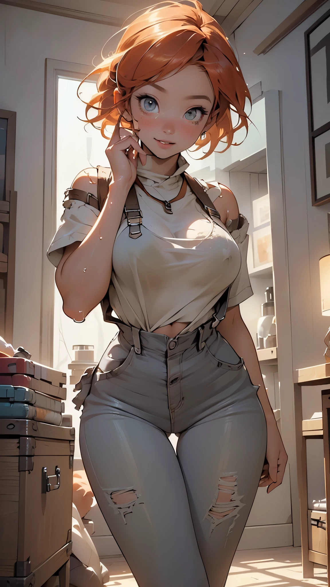 girl genie,(((1girl))),((girl with extremely cute and beautiful hair)),
(large breasts:1.4),(((orange hair:1.35,short hair))),(((eyes_orange:1.3))),intricate eyes,beautiful detailed eyes,symmetrical eyes,((fat)),((((lustrous skin:1.5,bright skin: 1.5,shiny skin,very shiny skin,shiny body,plastic glitter skin,exaggerated shiny skin,illuminated skin,wet legs))),(spider lower abdomen,narrow waist,wide hip,athletic body,inflated legs, thick thighs,detailed body,(detailed face)),
cute,slutty,seductive,erotic,(nsfw),
((woman mechanic wearing tattered worn-out stained military overalls)), ((his only clothing is overalls)),(( grunge, oily, sweaty, dirty, ripped)),show skin,
(dynamic pose:1.0),((happy)),(centered,scale to fit dimensions,Rule of thirds),
inside,indoor,((cozy steampunk room)),scenery:1.25,((intricate scenery)),((steampunk decorations)),
(Glossy steampunk ornaments),highres,sharp focus,(ultra detailed,extremely detailed),(photorealistic artwork:1.37),(extremely detailed CG unity 8k wallpaper),(((vibrant colors,vibrant theme))),(intricate),(masterpiece),(best quality),artistic photography,(photography taken by sldr),(intricate background),perfect rendered face,perfect face details,realistic face,photo realistic,((intricate detail)),(((realism))),