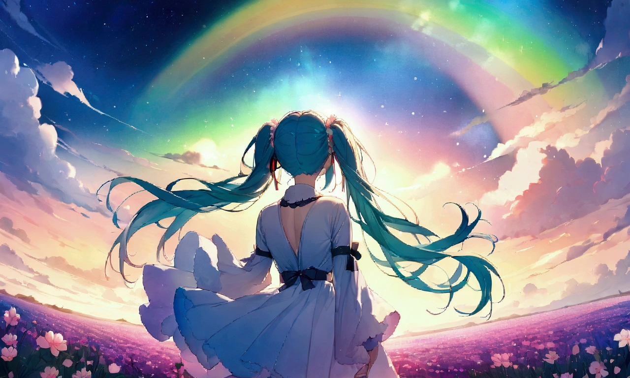 (masterpiece、Highest quality、Highest quality、Official Art、beautiful, beautiful:1.2)、(1 girl:1.3)hatsune miku、Twin tails,big,(High resolution、Very detailed、Hmph、movie、Cherry Blossom Gardenに立つ女の子、Cherry Blossom Garden、Cherry blossom petal splash art、Ultra Detailed Fields、beautiful white starry sky、Aurora、Light blue、Blanche、Nebula in the sky、watercolor、Pastel colored sun、rainbow、Natural scenery,Back view,